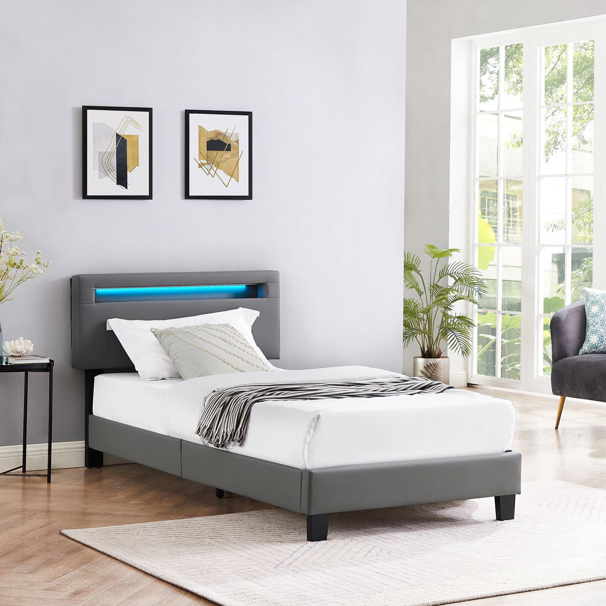 Voir la diapositive 2 : IDIMEX Lit LED simple EVAN 90x190 cm, avec sommier, revêtement en synthétique