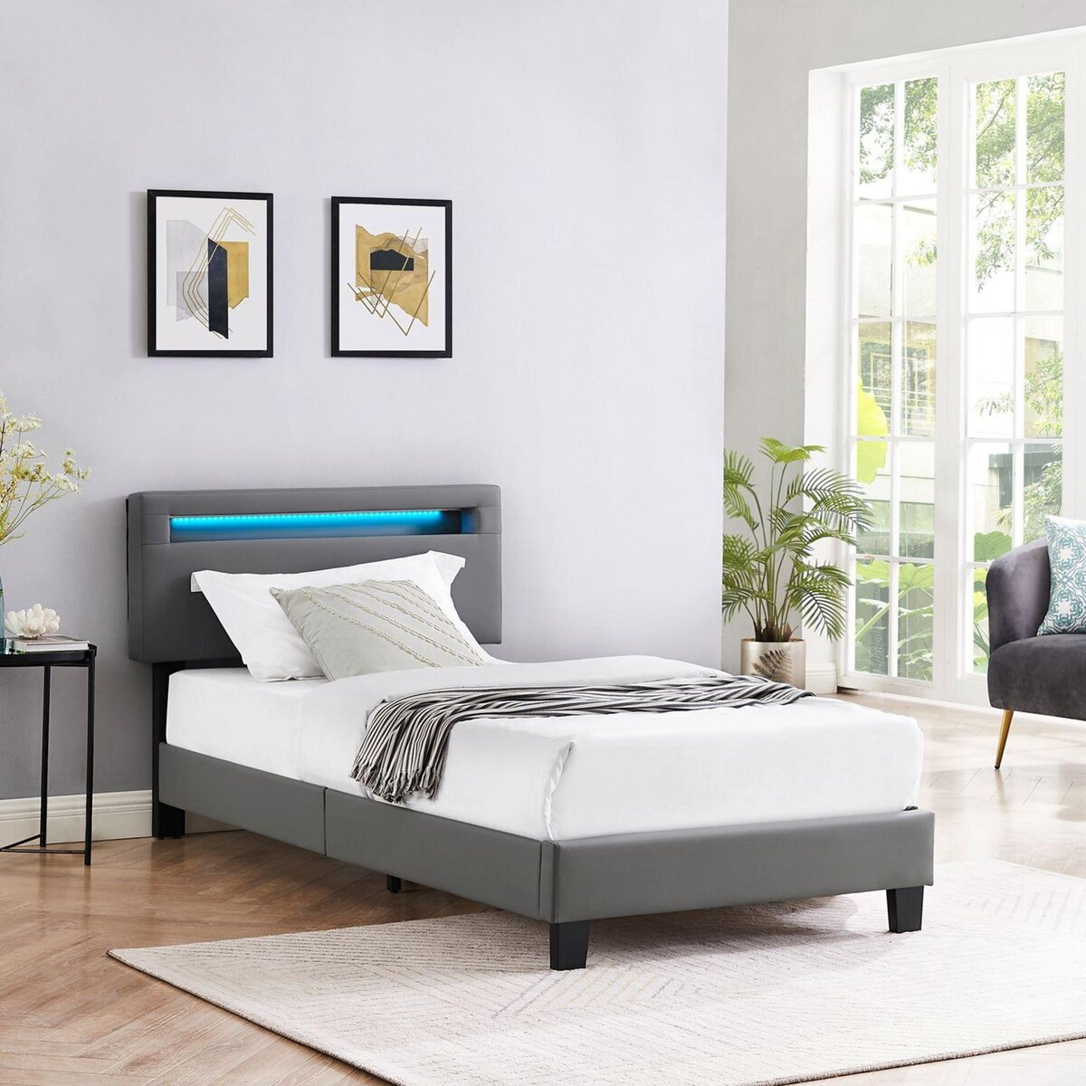 IDIMEX Lit LED simple EVAN 90x190 cm, avec sommier, revêtement en synthétique