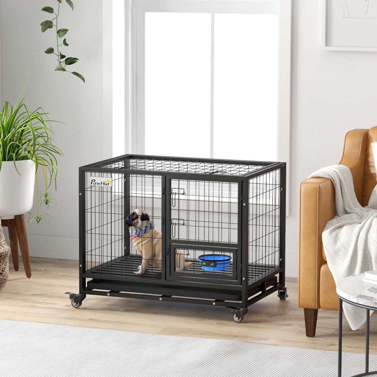 PAWHUT Cage pour chien sur roulettes 2 portes verrouillables - support gamelle, plateau amovible - acier noir
