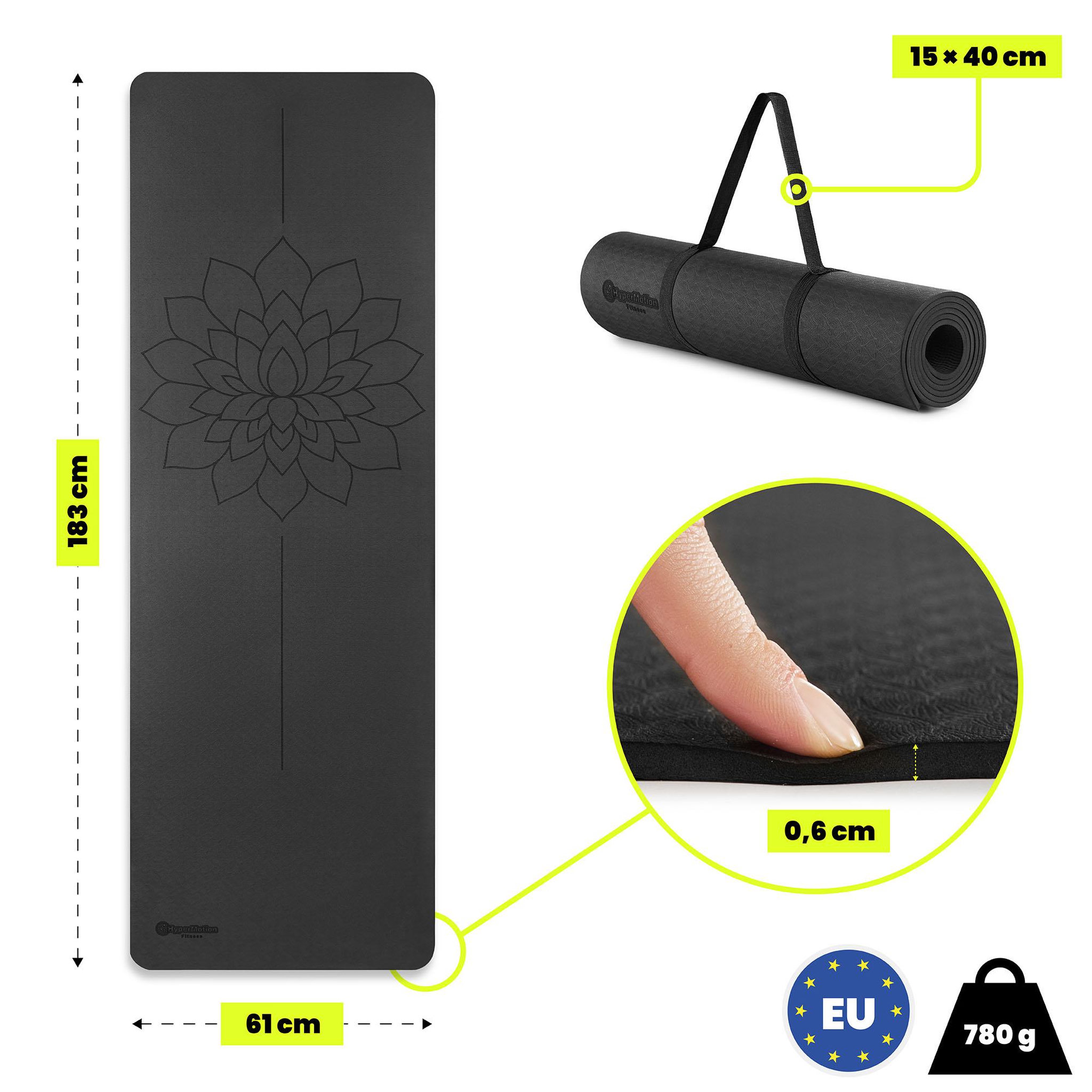 Voir la diapositive 3 : HYPERMOTION Tapis yoga fitness HyperMotion Lotos TPE 6 mm 183x61 cm noir avec sangle
