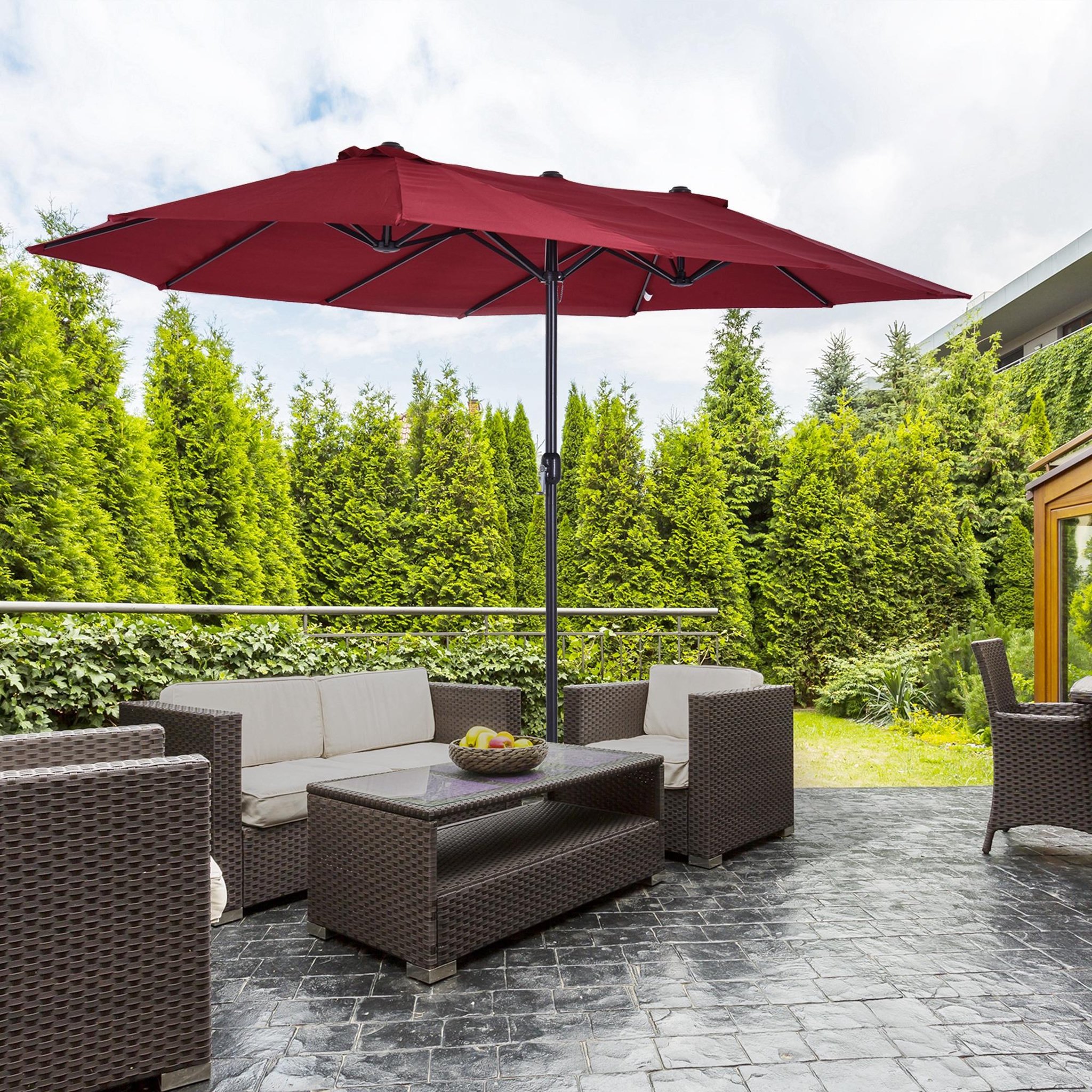 Voir la diapositive 2 : OUTSUNNY Parasol de jardin XXL parasol grande taille 4,6L x 2,7l x 2,4H m ouverture fermeture manivelle acier polyester haute densité bordeaux