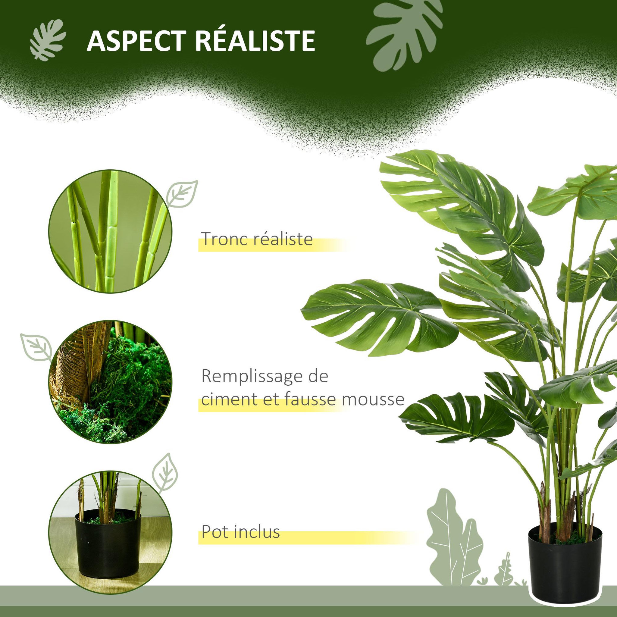 Voir la diapositive 5 : HOMCOM Arbre artificiel plante artificielle Monstera H. 120 cm tronc branches lichen feuilles de tortue grand réalisme pot inclus