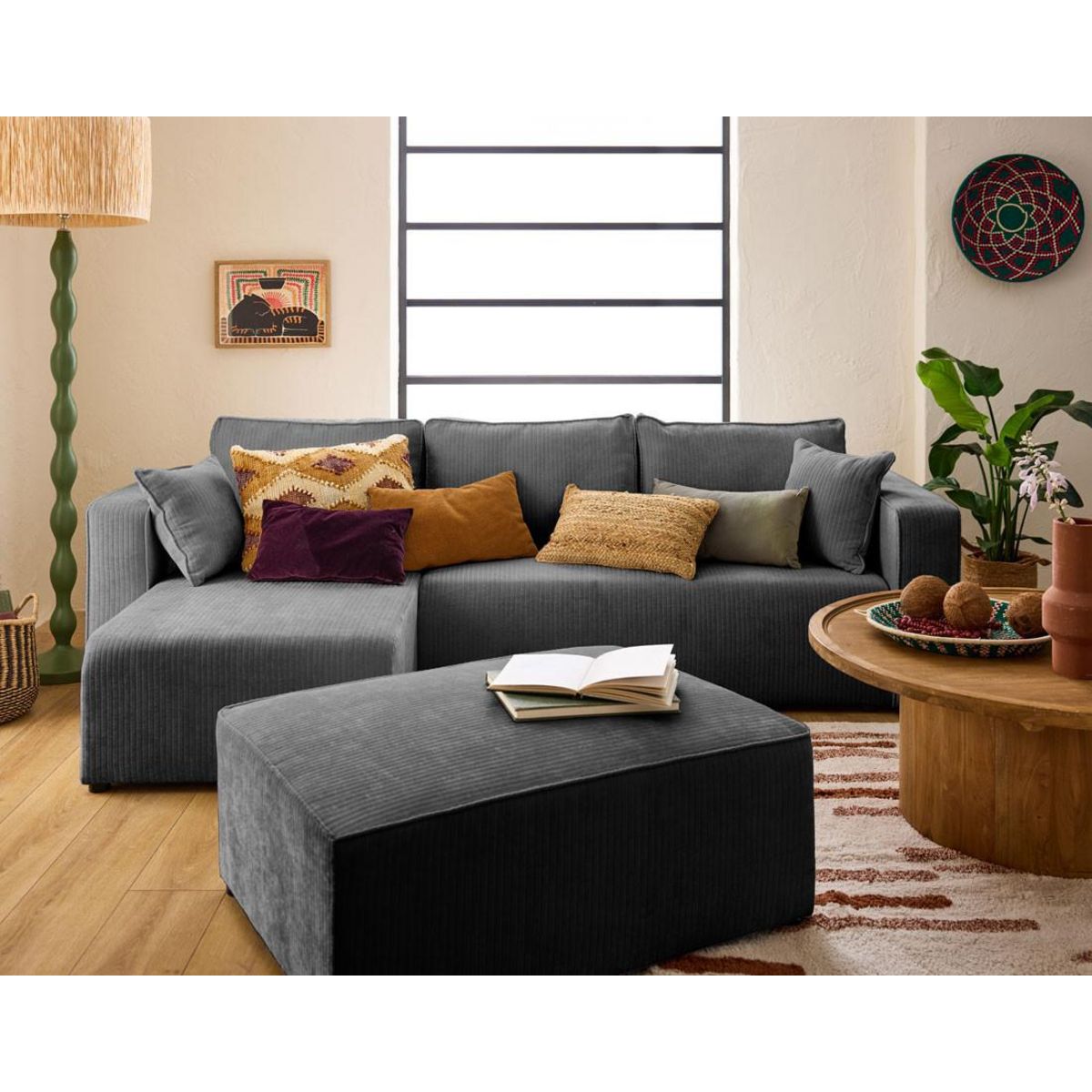 BEST MOBILIER Topaze - canapé d'angle réversible - 4 places - convertible avec coffre - en velours côtelé plat