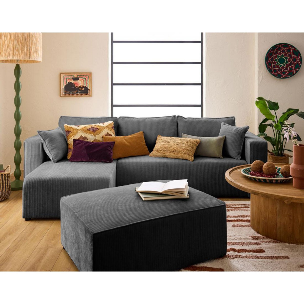 BEST MOBILIER Topaze - canapé d'angle réversible - 4 places - convertible avec coffre - en velours côtelé plat