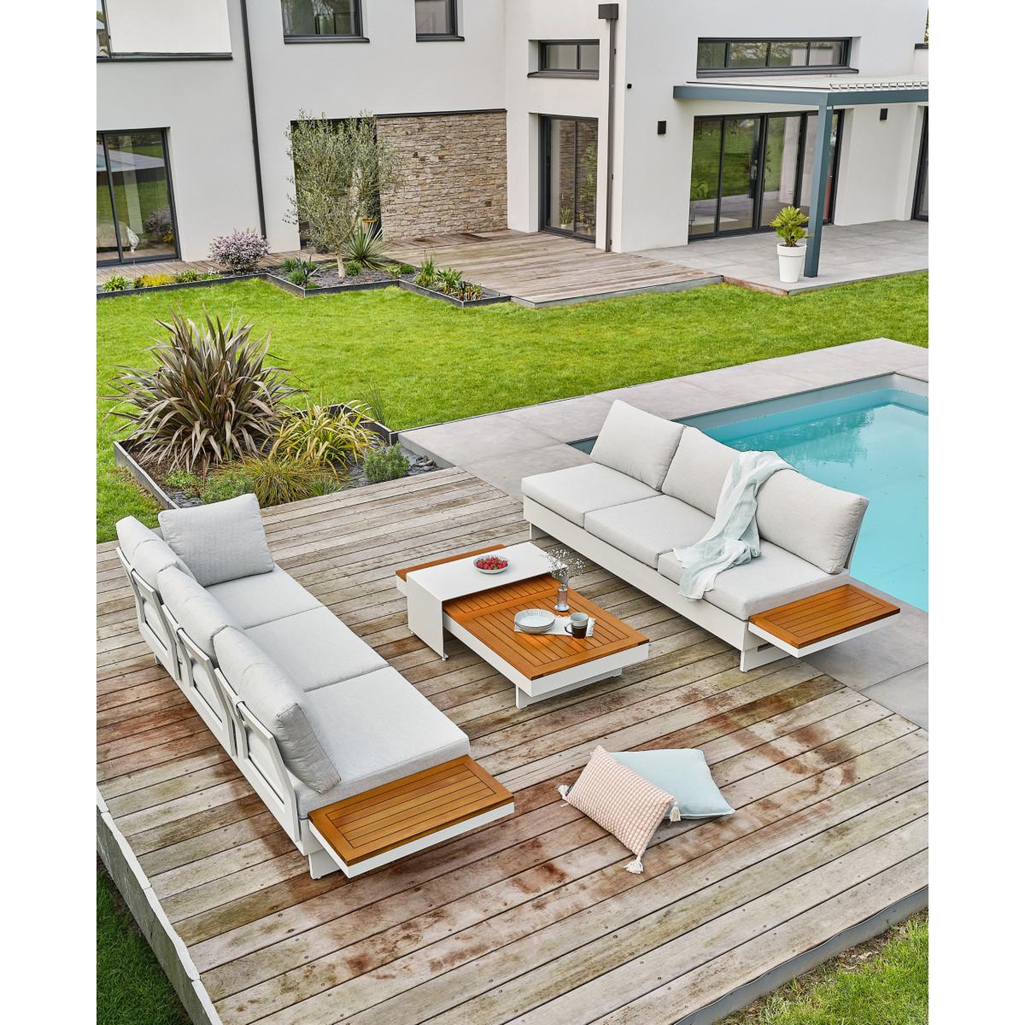 Voir la diapositive 3 : Paris Prix Salon d'angle de jardin 6 places  minera  245cm gris & naturel