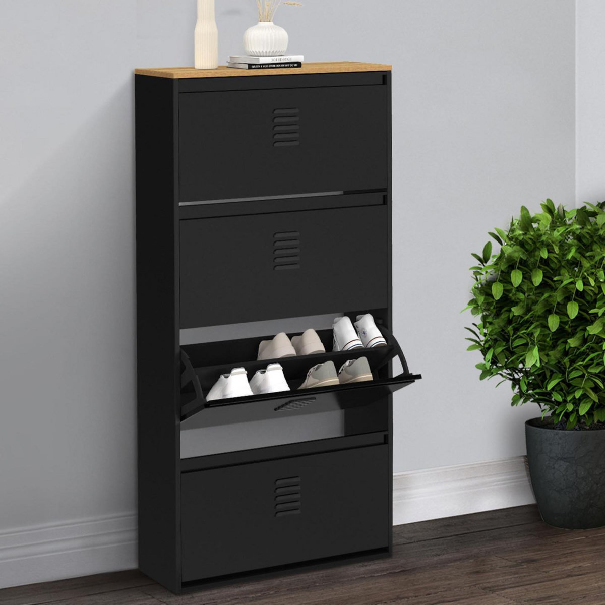 ID MARKET Meuble à chaussures 24 paires maxi capacité ESTER 4 portes métal noir et plateau façon hêtre design industriel