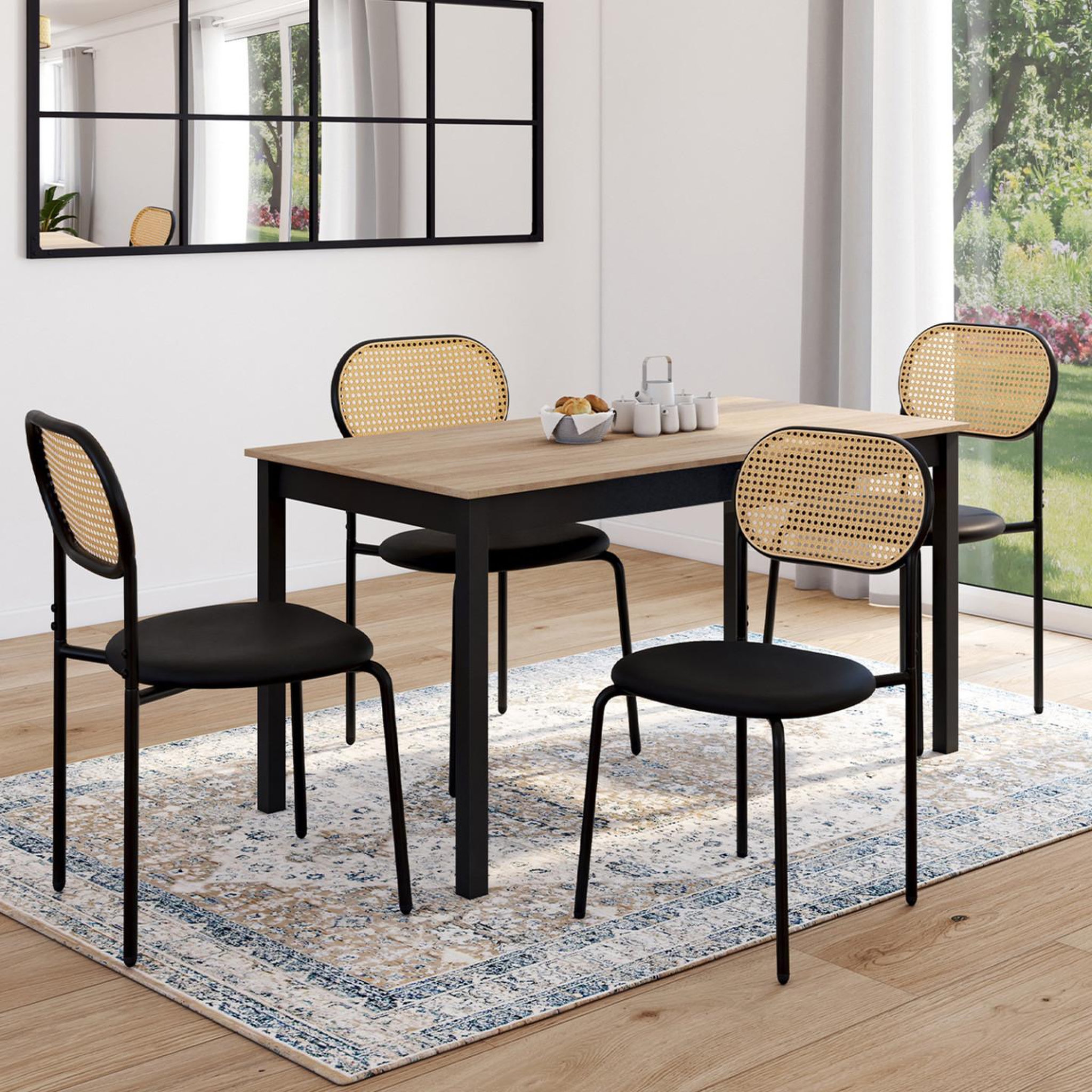 Voir la diapositive 2 : ID MARKET Lot de 4 chaises vintage clotilde en métal noir et dossier cannage pour salle à manger