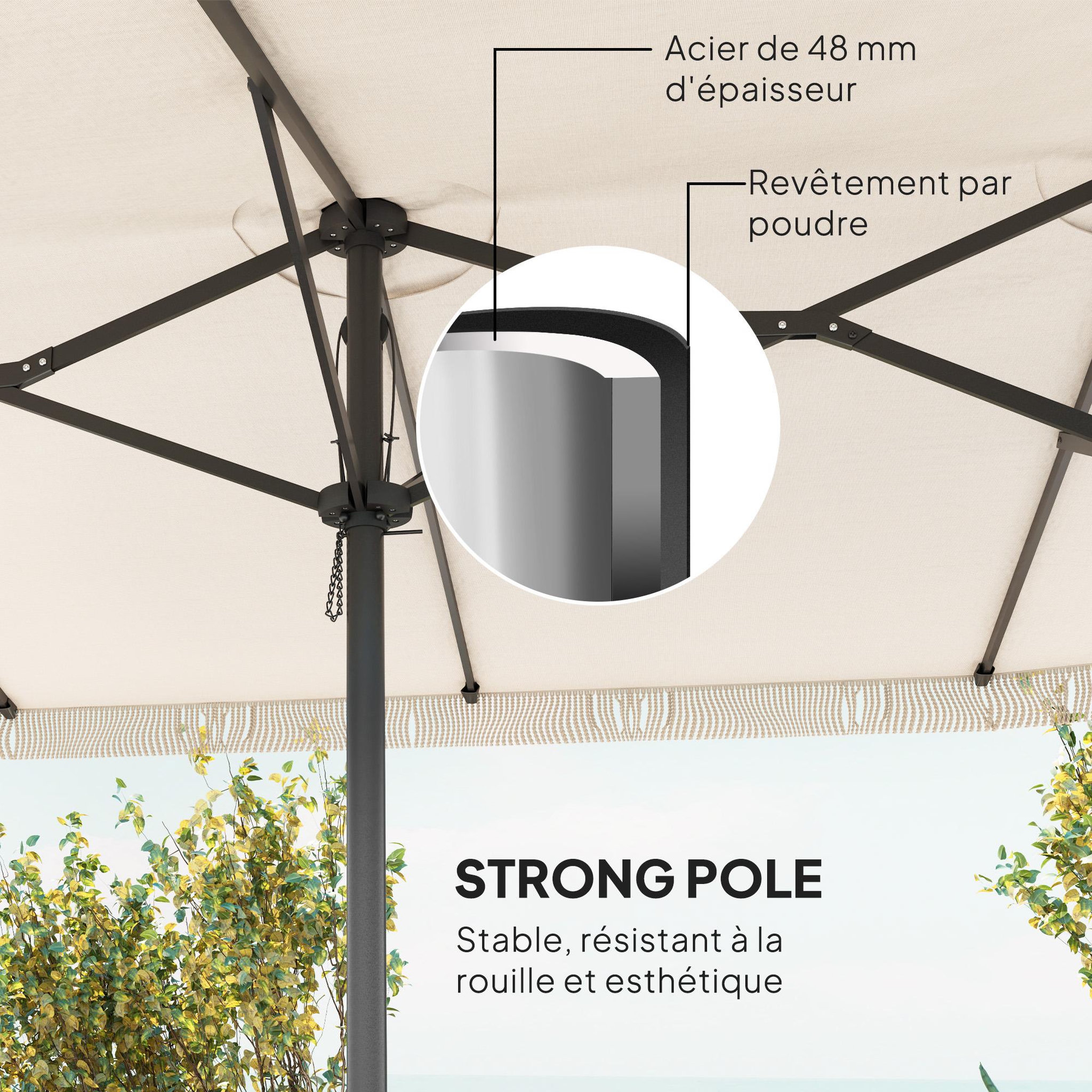 Voir la diapositive 6 : OUTSUNNY Parasol style bohème à franges XXL dim. 4,5 x 2,65 x 2,6 m ouverture fermeture manivelle métal tissu beige clair