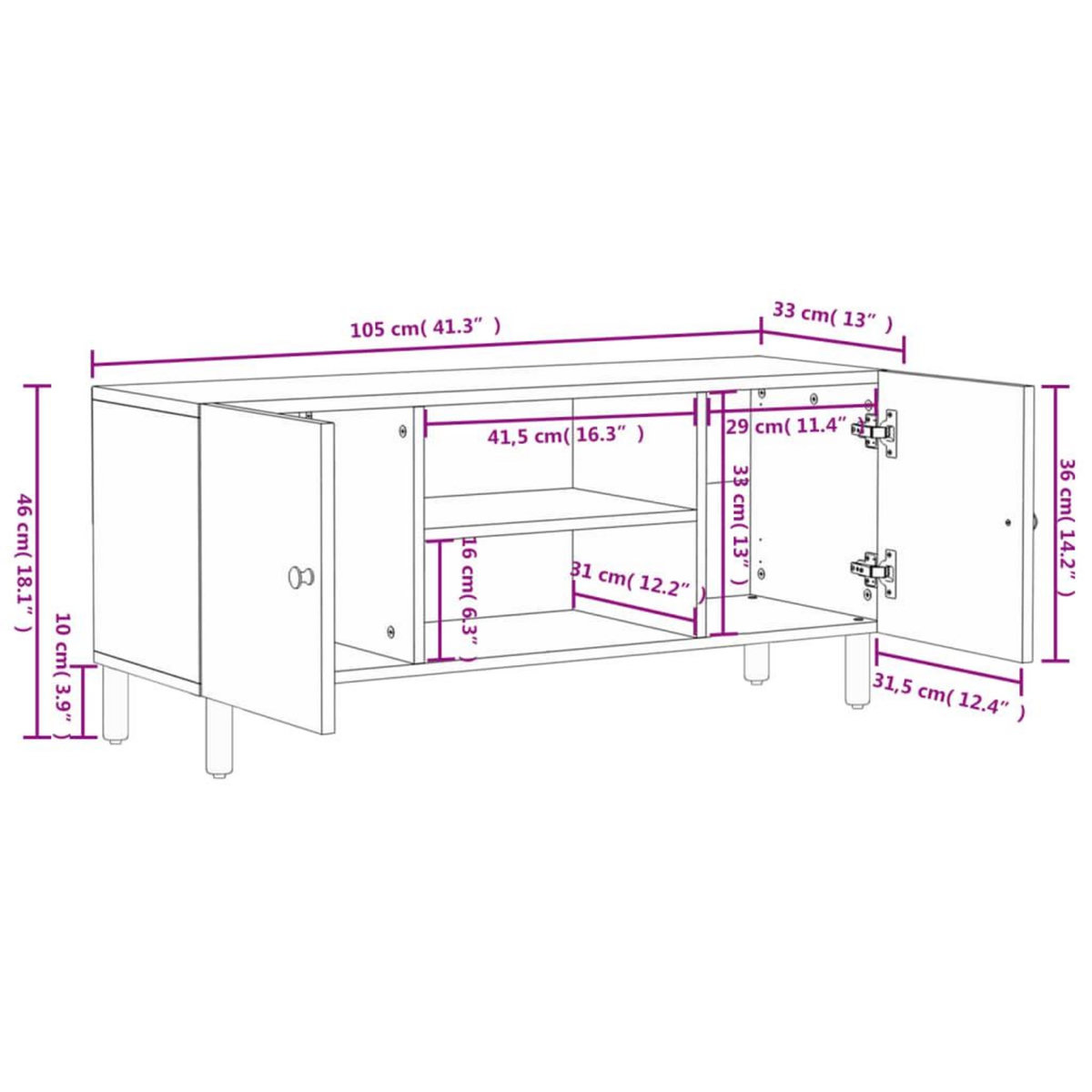 VIDAXL Meuble TV noir 105x33x46 cm bois massif de manguier