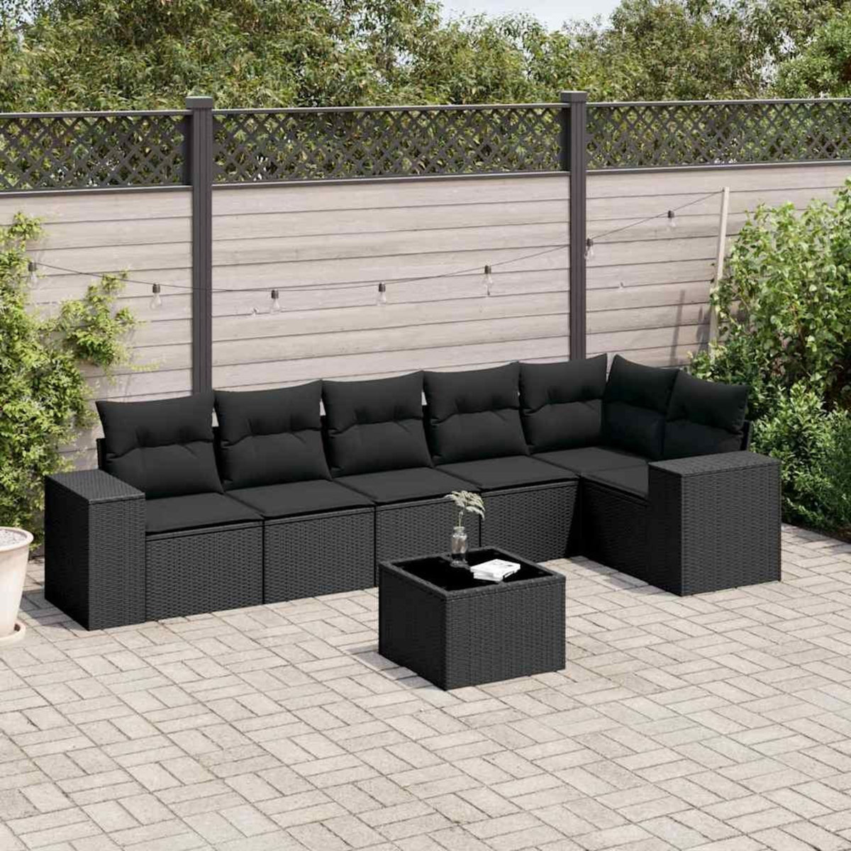 VIDAXL Salon de jardin 7 pcs avec coussins noir resine tressee