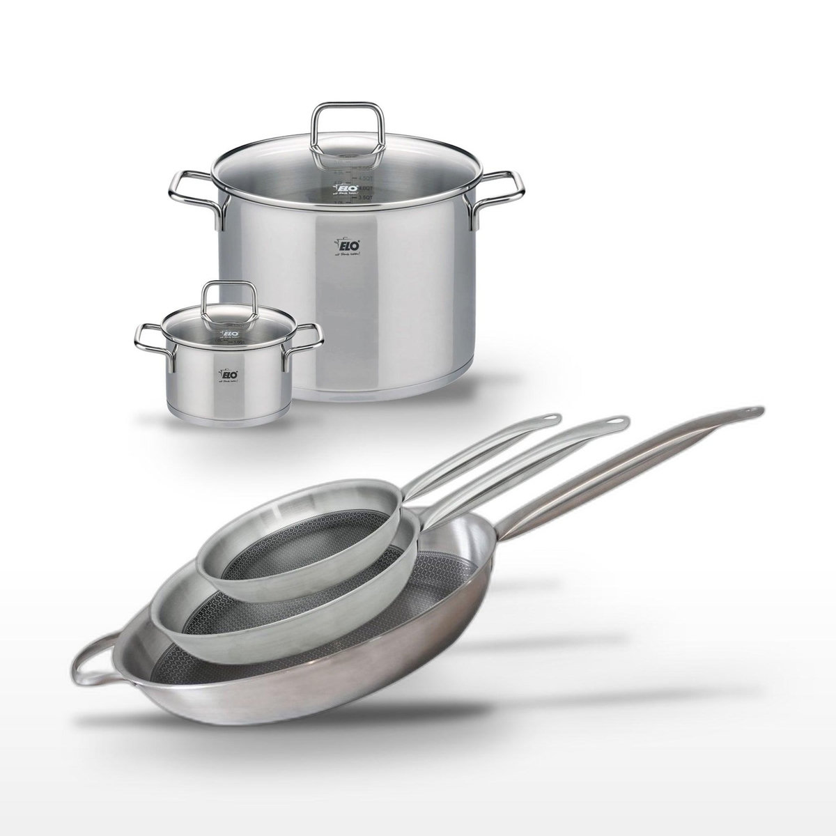 ELO Lot de 2 Faitouts 16/26cm & 3 Poêles 24/28/32cm Elo Relief Solution