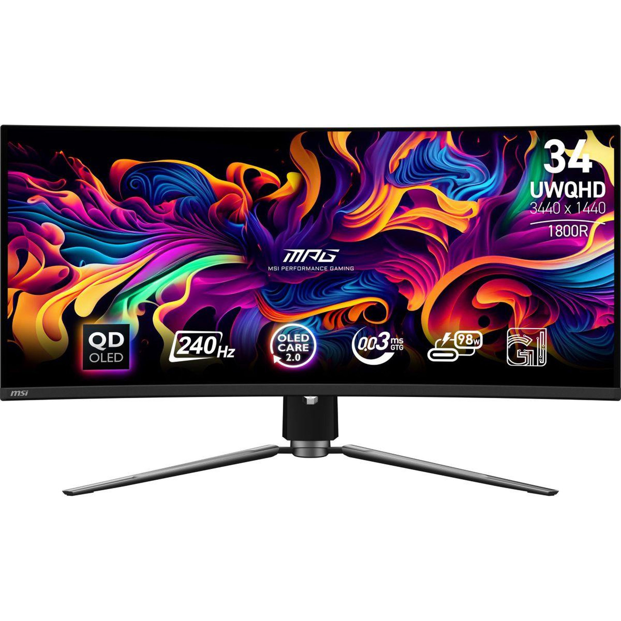 MSI Ecran pc gamer mpg 341cqpx 34  incurvé 1800r uwqhd 240hz qd-oled hdmi 2.1 usb-c 90w adaptive-sync