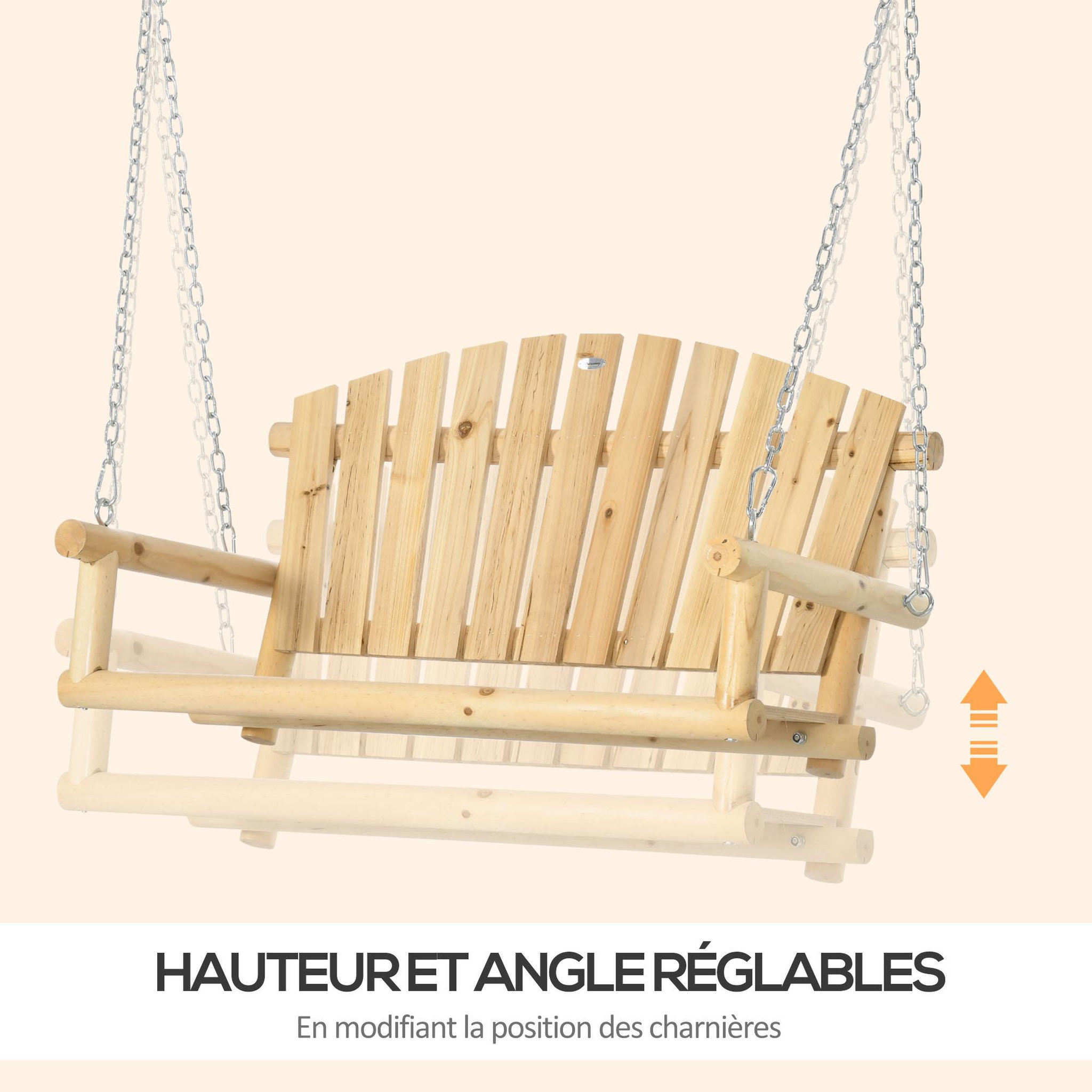 Voir la diapositive 5 : OUTSUNNY Banc suspendu 2 places charge max. 200 Kg - assise dossier à lattes, chaînes incluses - bois