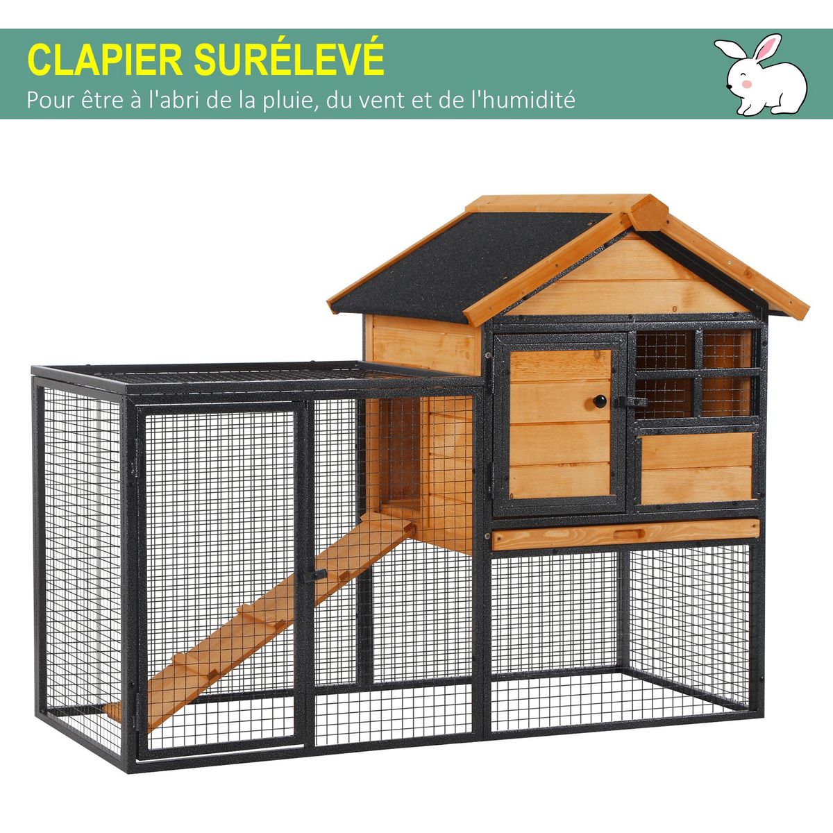 PAWHUT Clapier cage à lapins cottage - niche supérieure avec rampe et enclos extérieur - plateau excrément, fenêtre, 2 portes verrouillables - métal époxy pin pré-huilé