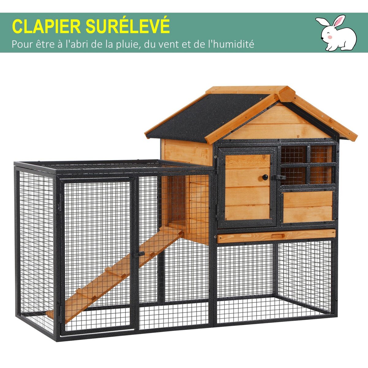 PAWHUT Clapier cage à lapins cottage - niche supérieure avec rampe et enclos extérieur - plateau excrément, fenêtre, 2 portes verrouillables - métal époxy pin pré-huilé