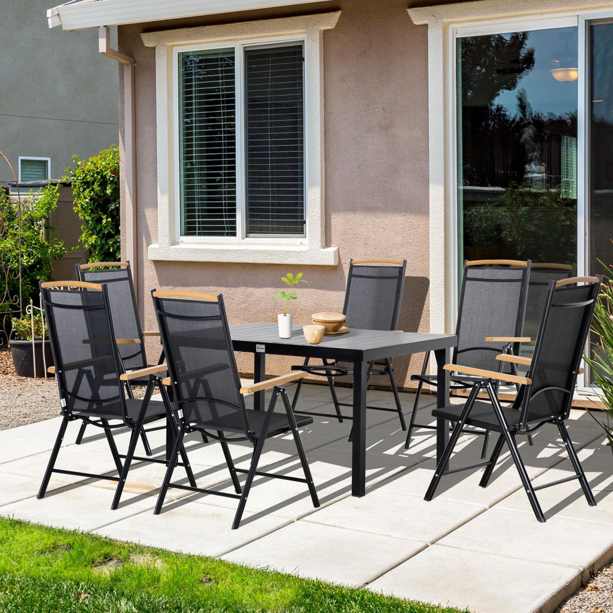 OUTSUNNY Ensemble table de jardin 6 personnes - chaises pliables inclinables accoudoirs - alu textilène noir plastique effet bois