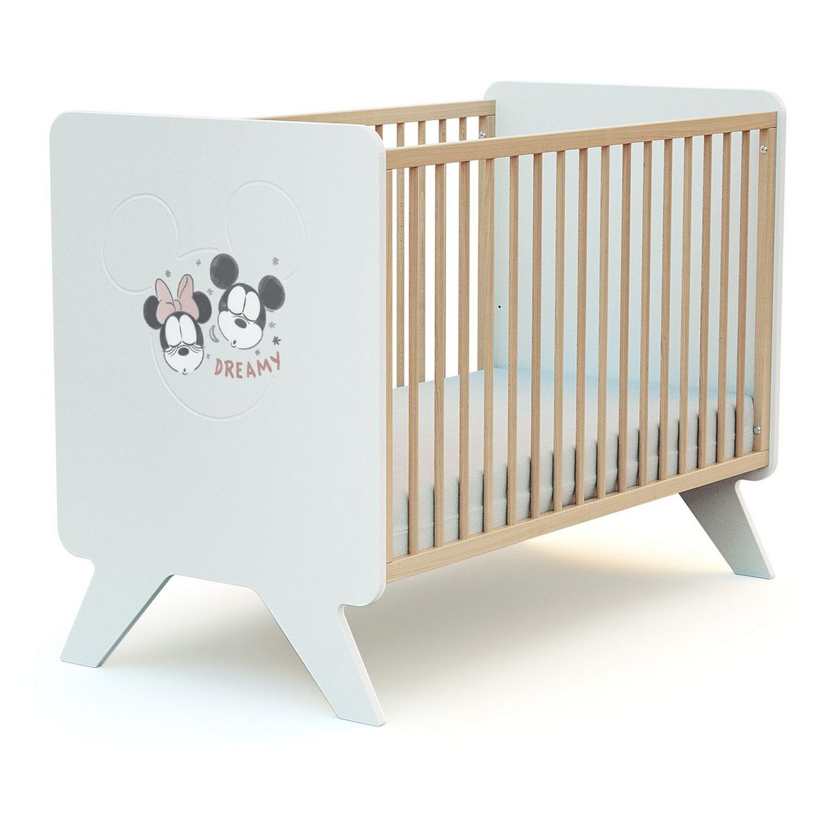 AT4 Lit bébé 60x120 cm MICKEY ET MINNIE DISNEY Blanc et Hêtre