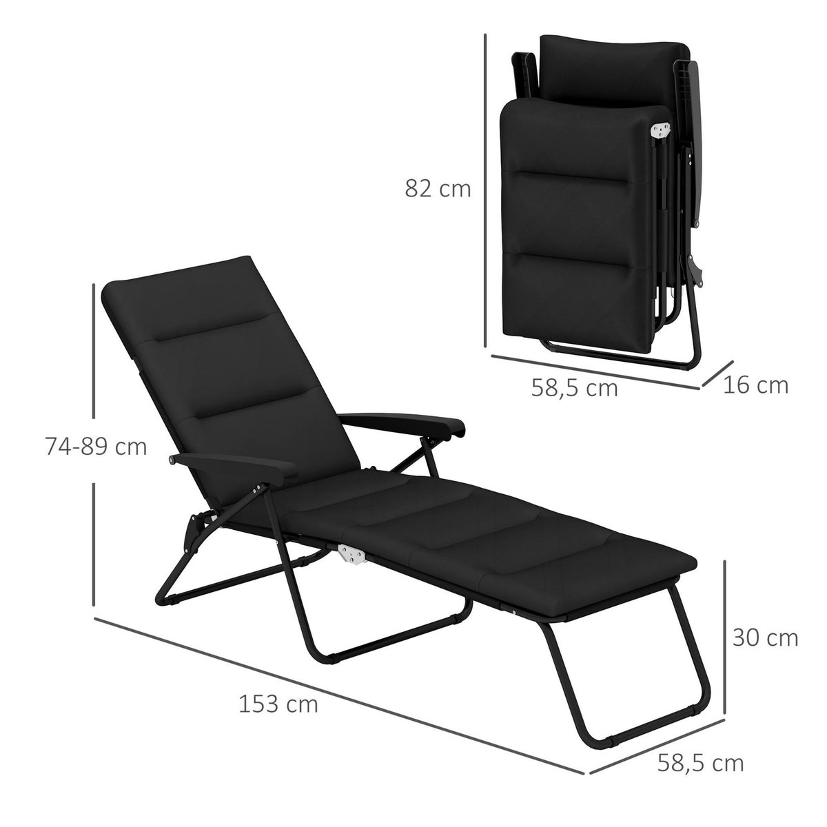 OUTSUNNY Bain de soleil pliable transat inclinable 6 positions grand confort avec matelas + accoudoirs acier polyester noir