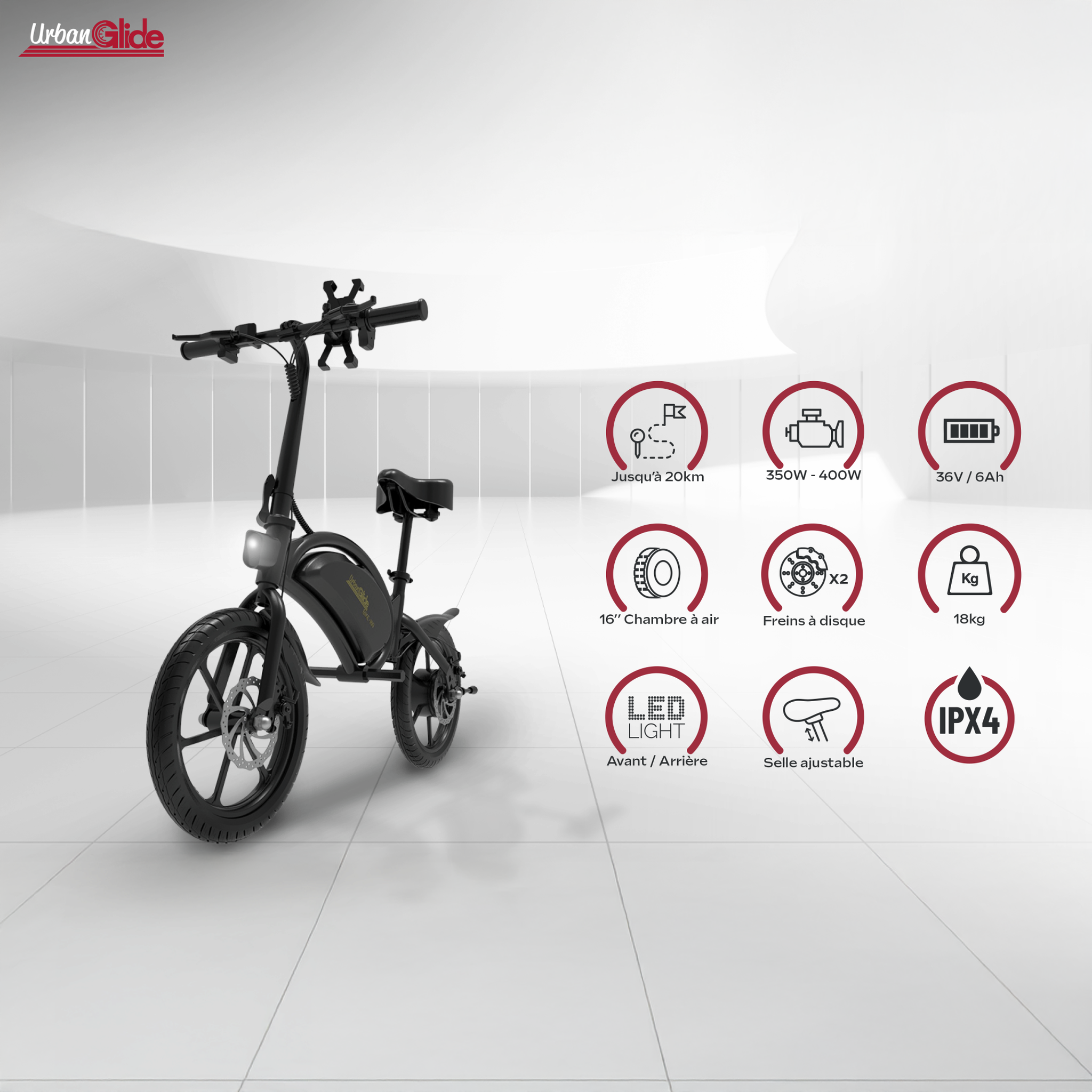 Voir la diapositive 2 : URBANGLIDE Draisienne électrique adulte e-bike 160 – moteur 1100w - autonomie jusqu'a 25 km - pneu 16  gonflable - batterie 42v/6ah - poids 18kg