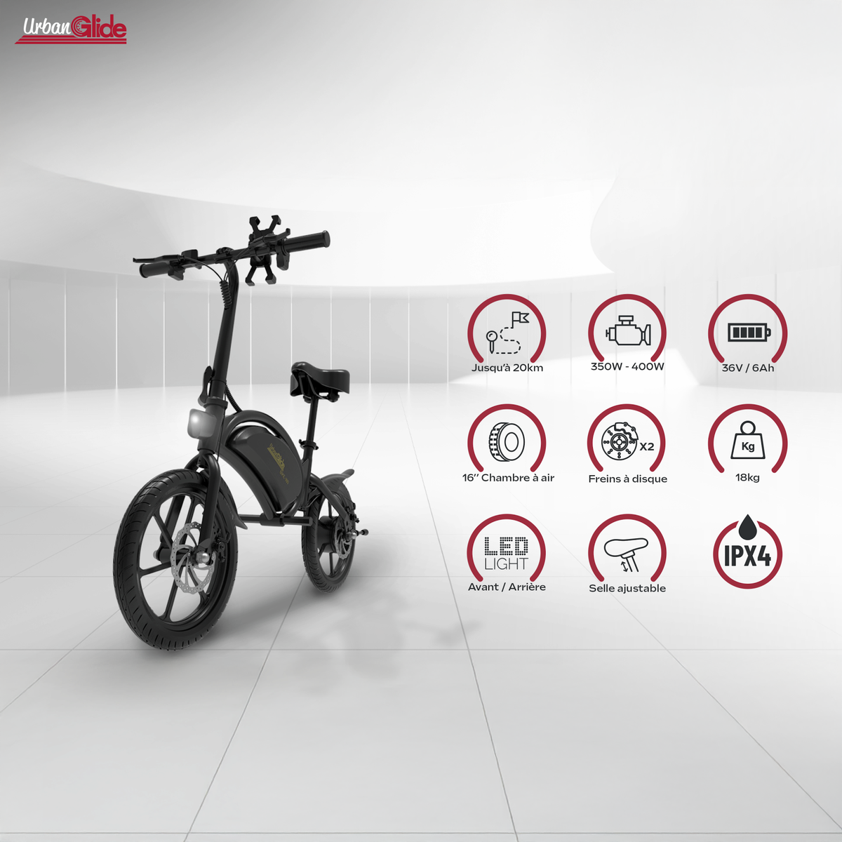 URBANGLIDE Draisienne Électrique Adulte E-bike 160 – Moteur 1100W - Autonomie Jusqu'a 25 km - Pneu 16  Gonflable - Batterie 42V/6Ah - Poids 18Kg