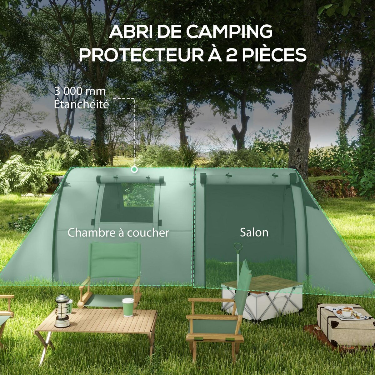 OUTSUNNY Tente de camping 3-4 pers. étanchéité 3000 mm chambre salon sac gris