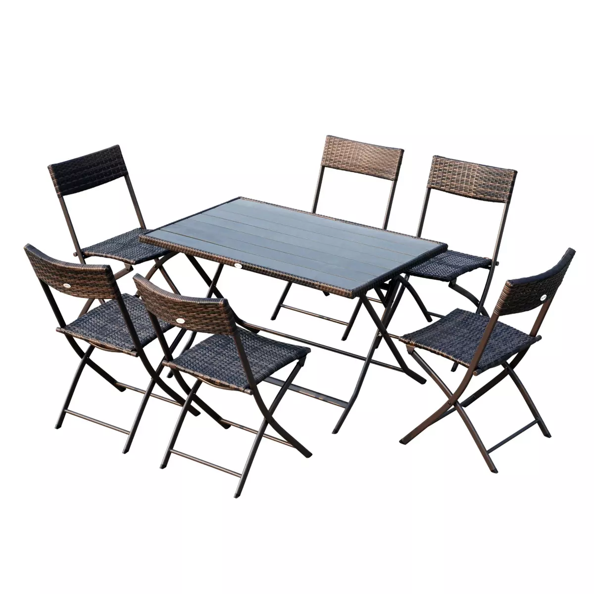 OUTSUNNY Ensemble salon de jardin 6 personnes grande table rectangulaire pliable + 6 chaises pliantes métal résine tressée PS chocolat