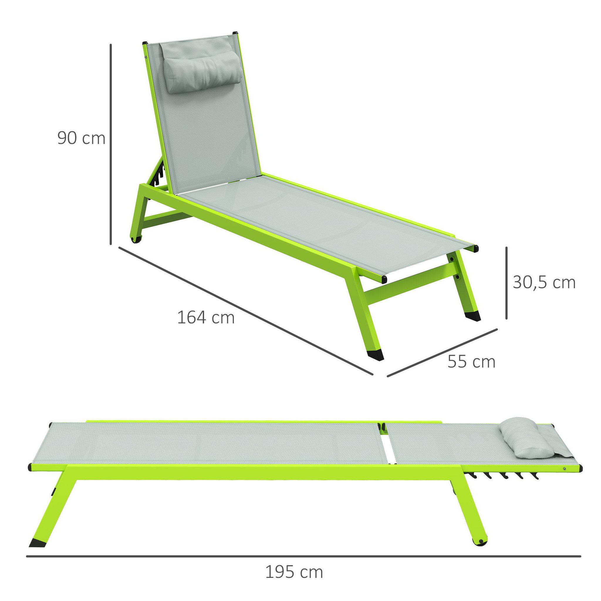 Voir la diapositive 3 : OUTSUNNY Bain de soleil transat inclinable 5 positions - tétière, 2 roulettes - alu. textilène vert