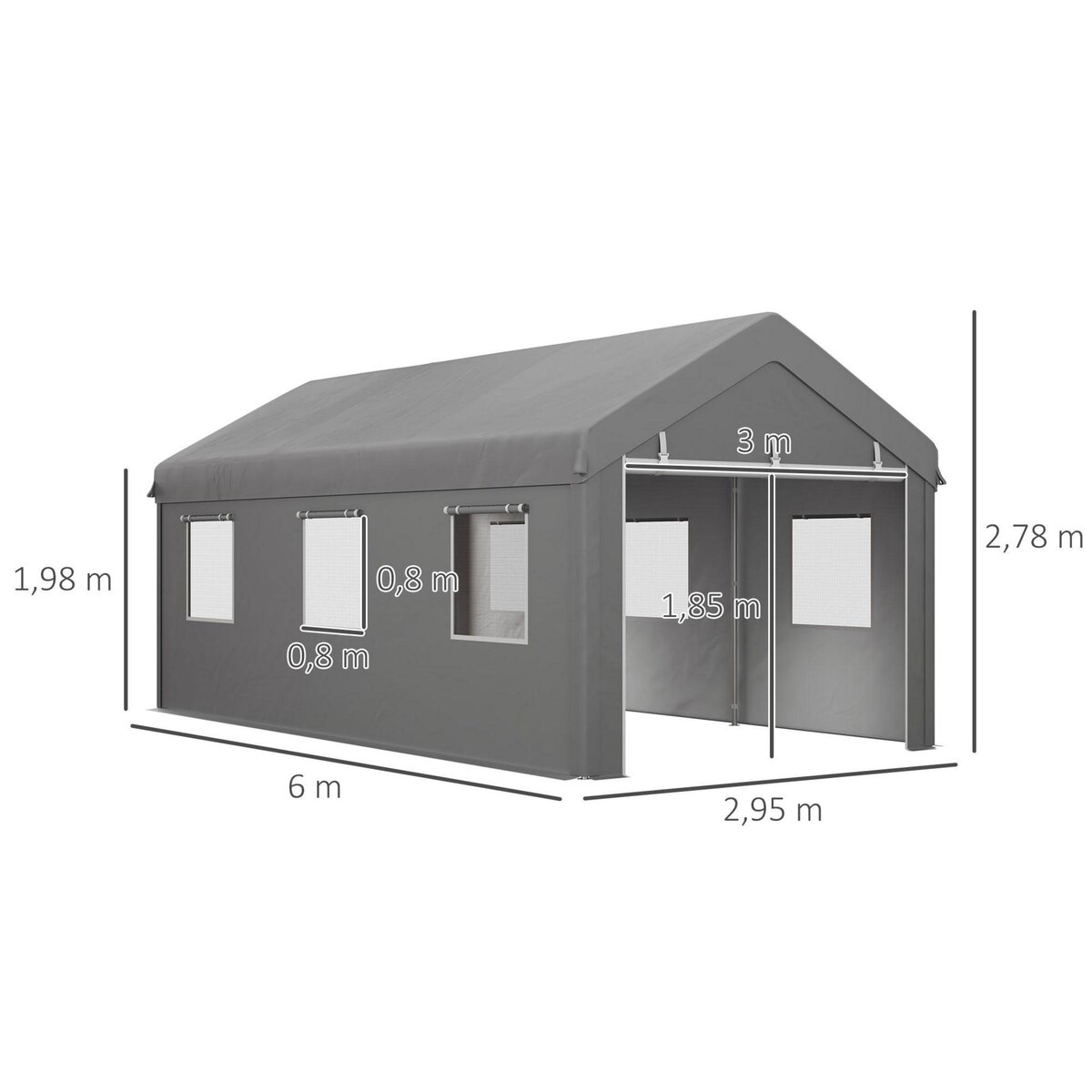 OUTSUNNY Tente garage carport dim. 6L x 2,95l x 2,78H m acier galvanisé PE haute densité 2 portes 6 fenêtres gris