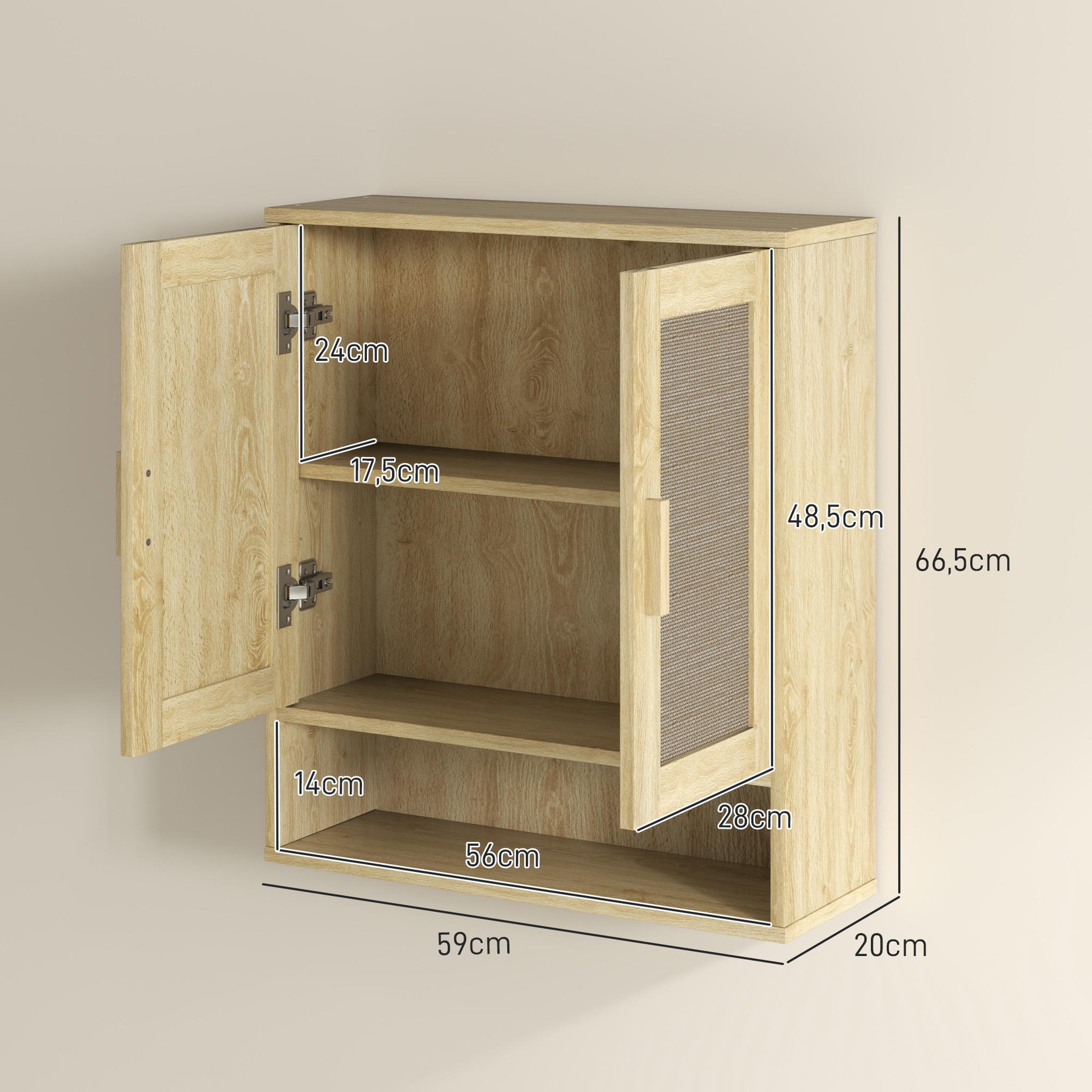 Voir la diapositive 3 : HOMCOM Armoire murale salle de bain wc style bohème - 2 portes, étagère, niche - effet rotin bois clair
