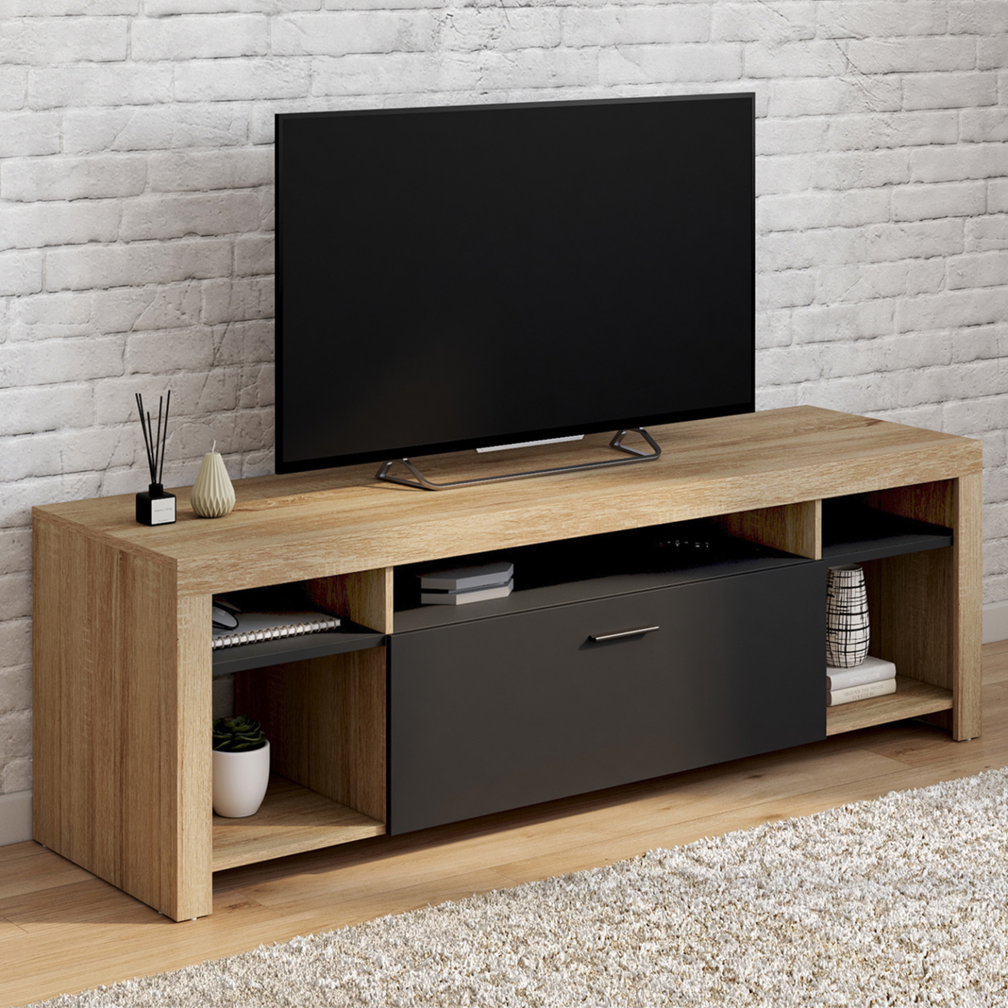 Voir la diapositive 2 : ID MARKET Meuble tv 140 cm malo bois et placard noir