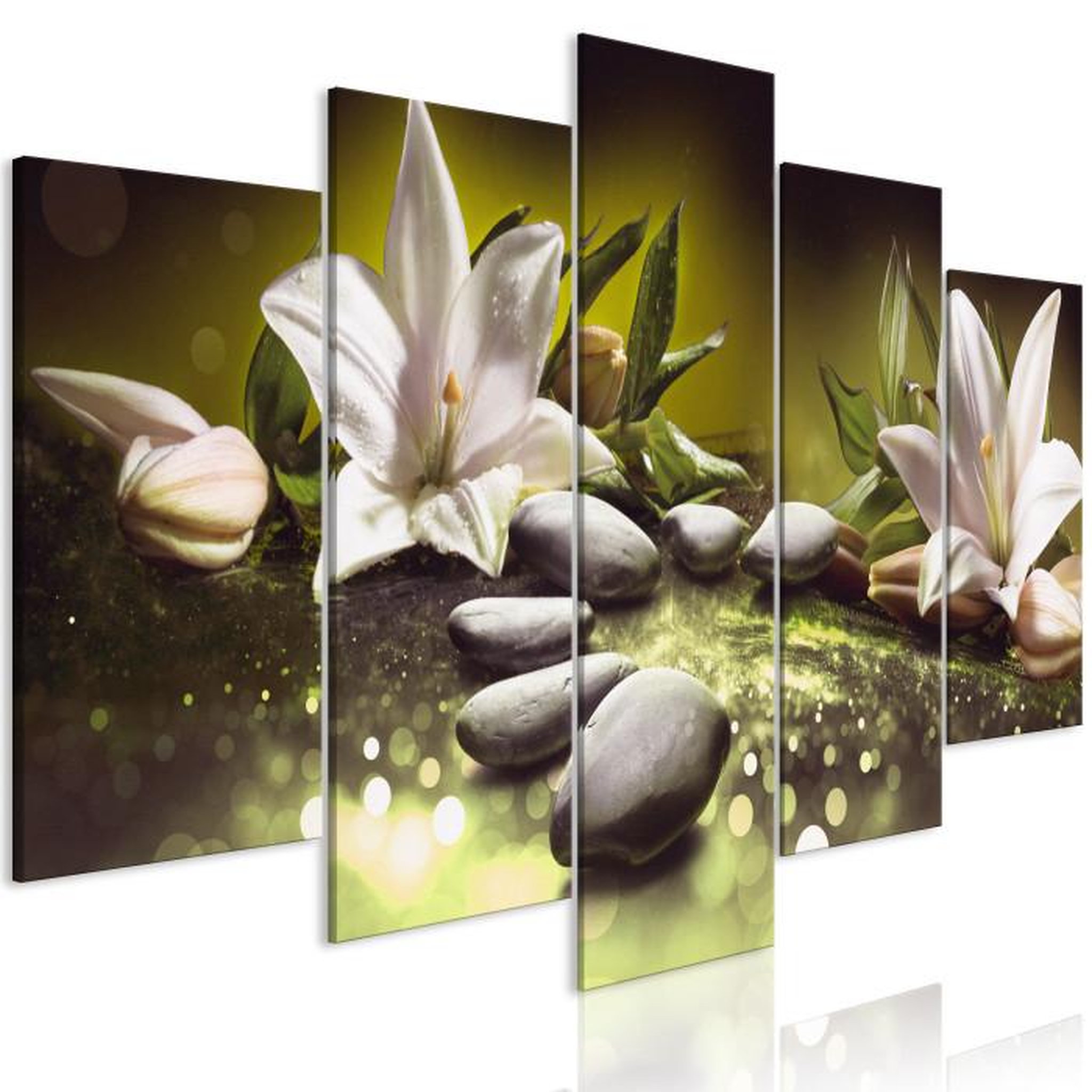 Paris Prix Tableau 5 Panneaux  Lilies & Stones Wide Green. Coloris disponibles : Multicolore