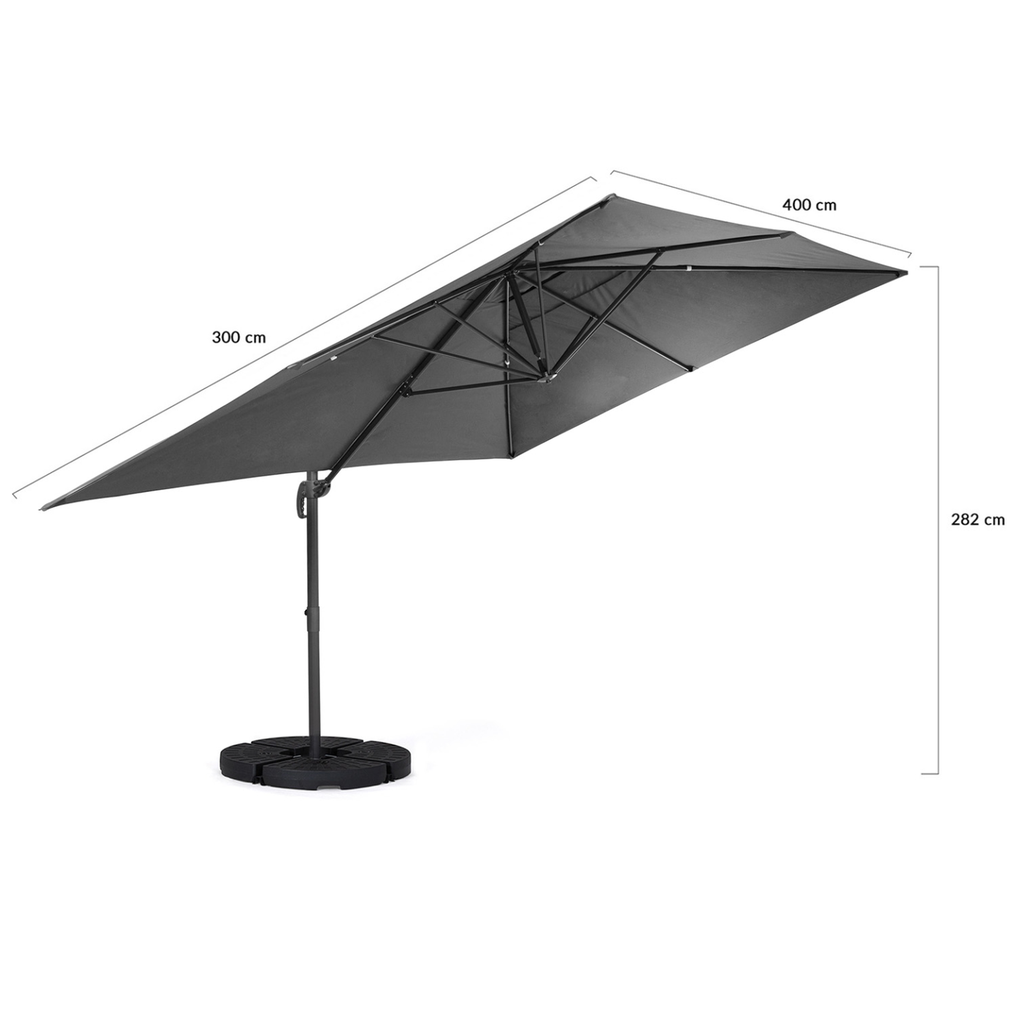 Voir la diapositive 6 : ID MARKET Parasol déporté inclinable rotatif 360 calvi gris 3x4 m avec 4 dalles et housse