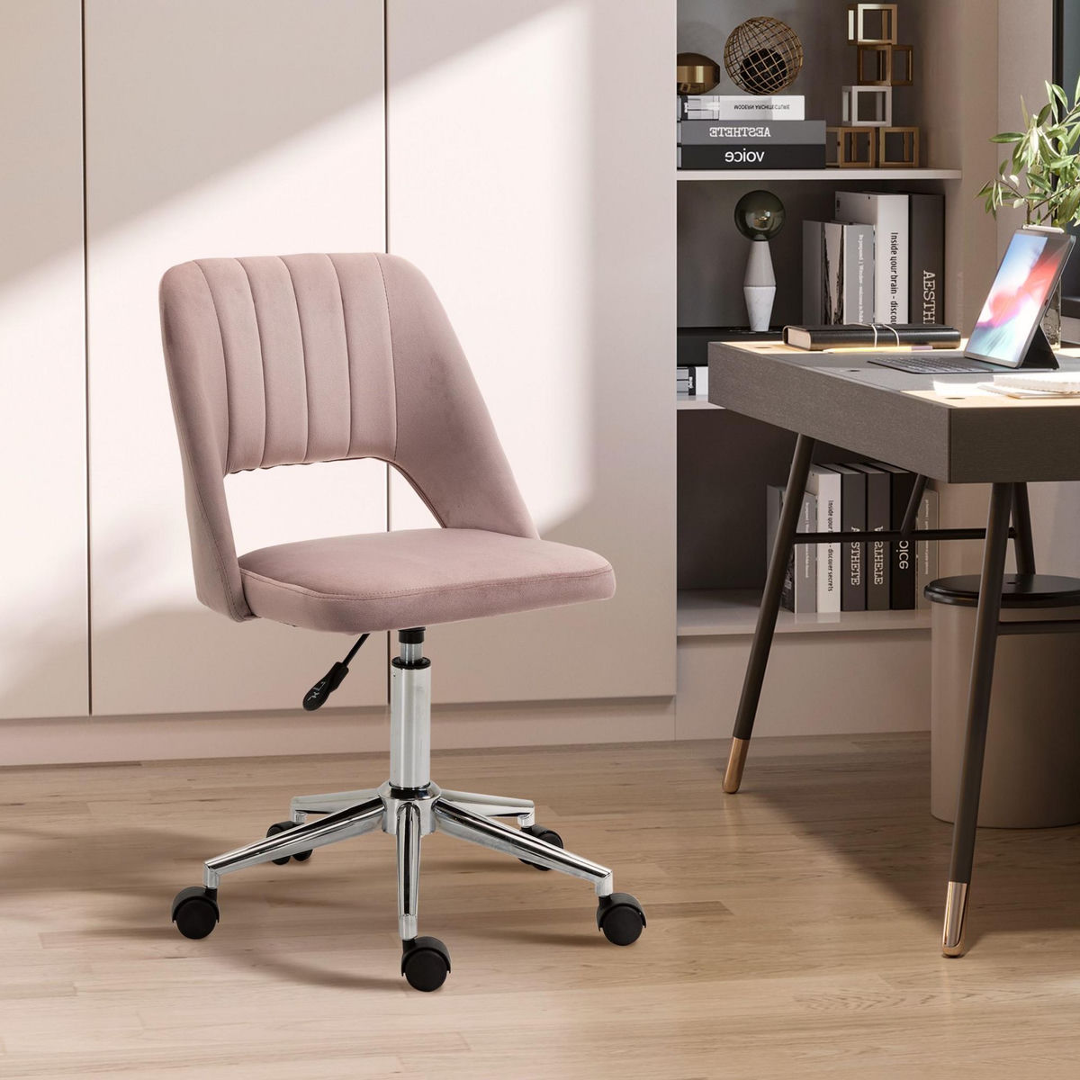 VINSETTO Vinsetto Chaise de bureau design contemporain dossier ergonomique ajouré strié hauteur réglable pivotante 360° piètement chromé velours rose poudré