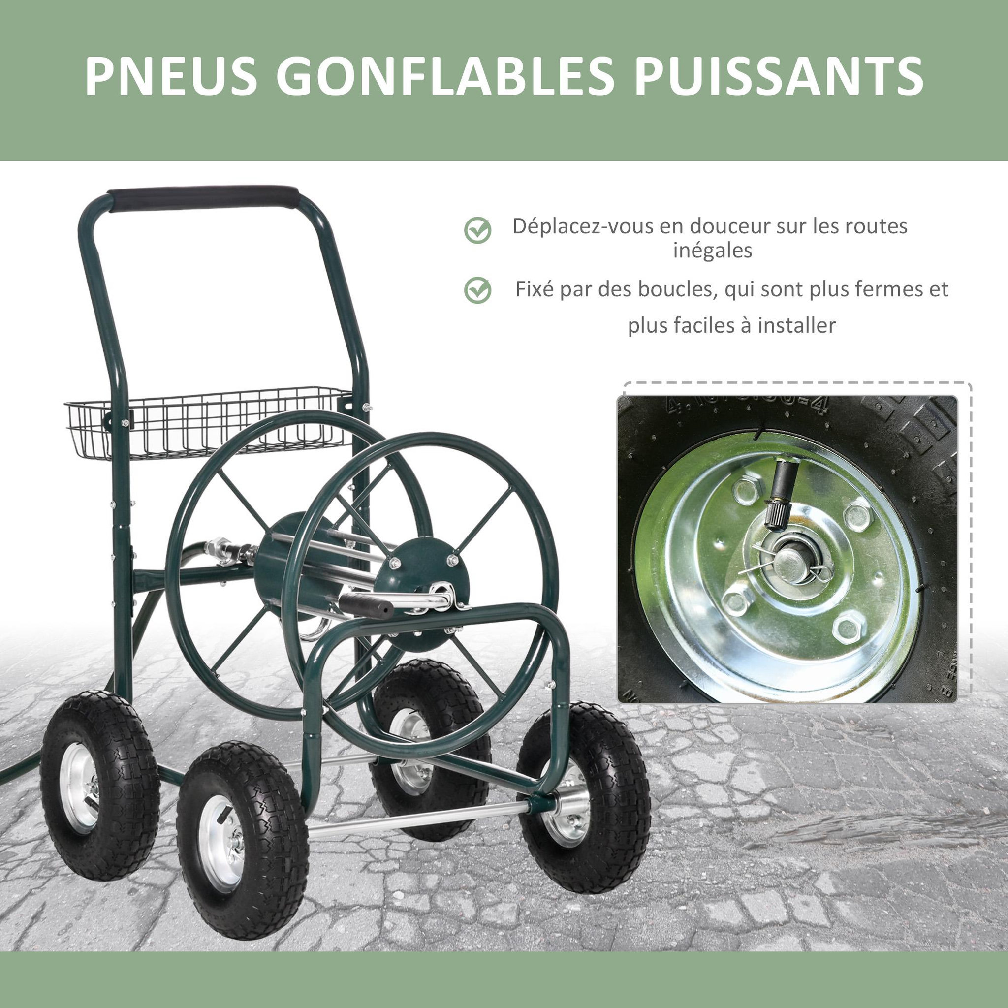 Voir la diapositive 5 : OUTSUNNY Dévidoir sur roues 70 m - dévidoir métal - dévidoir chariot - enrouleur tuyau d'arrosage - poignée antidérapante, panier rangement - métal vert