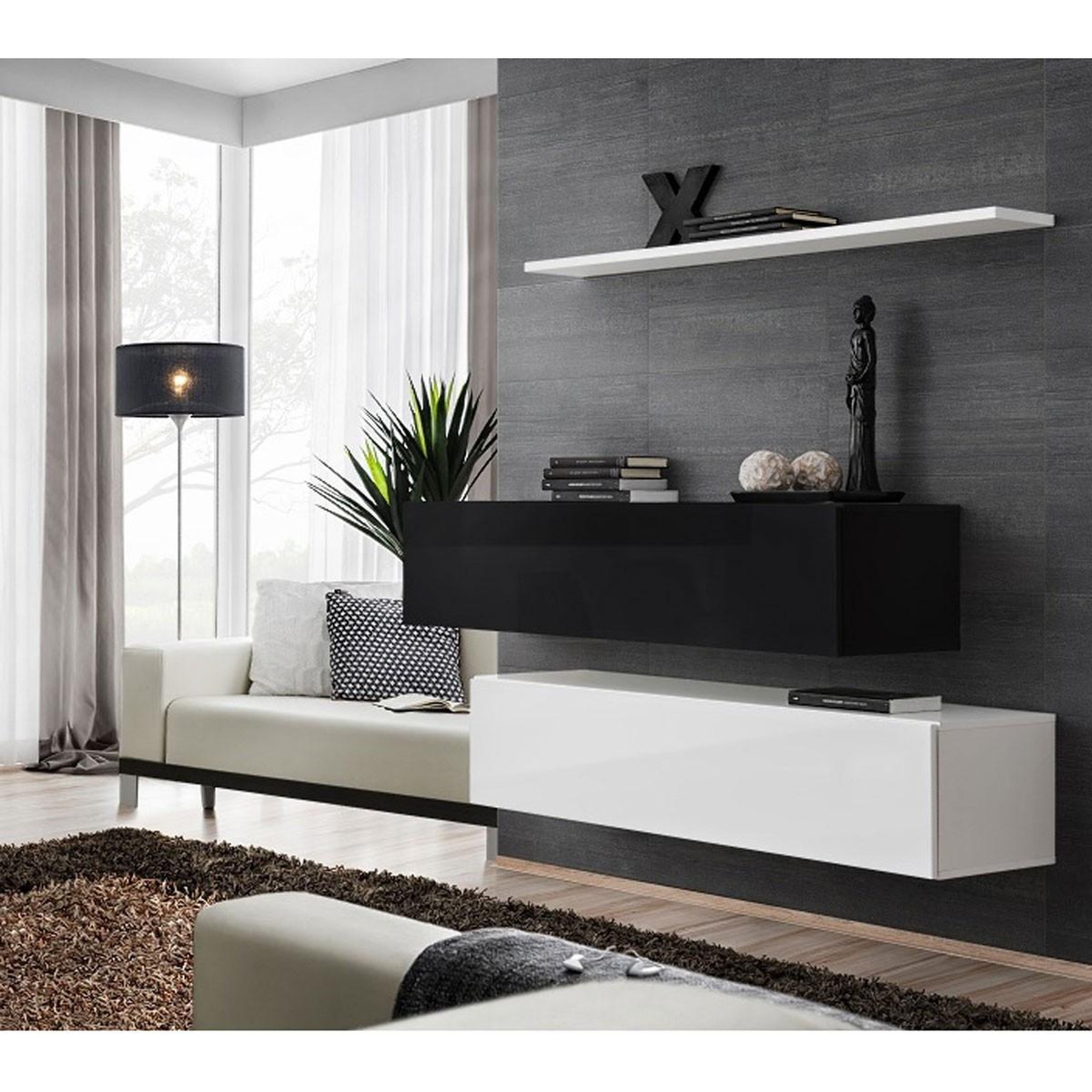 Voir la diapositive 2 : Paris Prix Lot de 2 bancs muraux & étagère  switch sbii  130cm noir & blanc