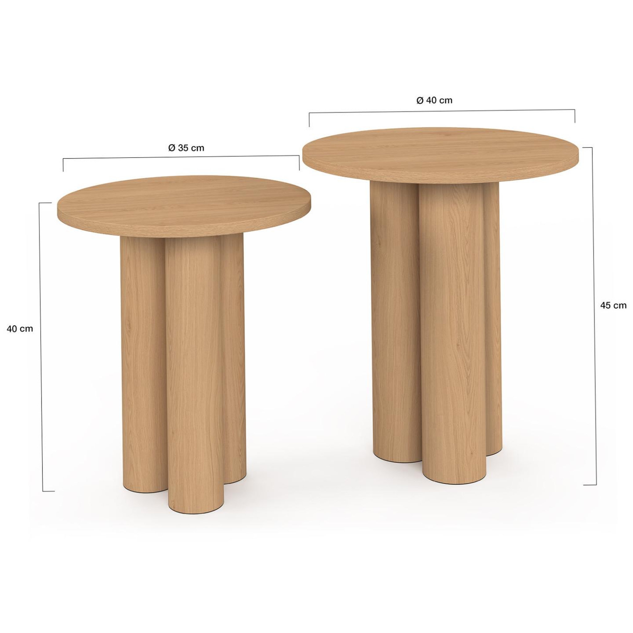 Voir la diapositive 4 : ID MARKET Lot de 2 tables d'appoint rondes, bouts de canapé, tables de chevet eloise 35/40 cm bois effet hêtre