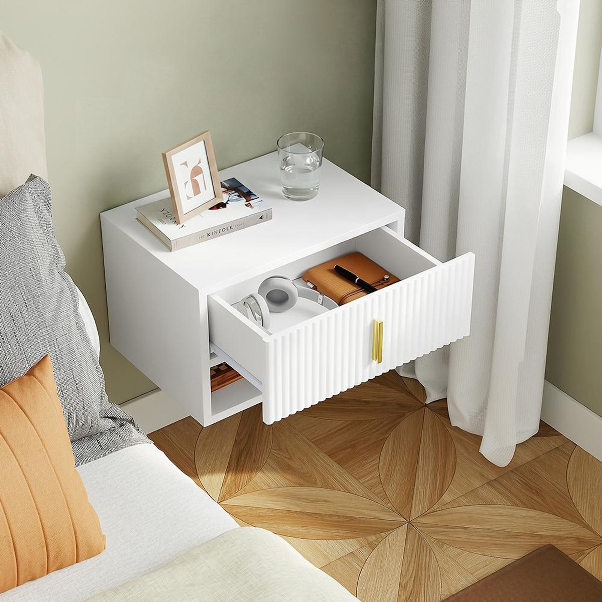 SOBUY Chevet mural blanc avec tiroir et étagère LED 40x30x26cm FBT176-E-W
