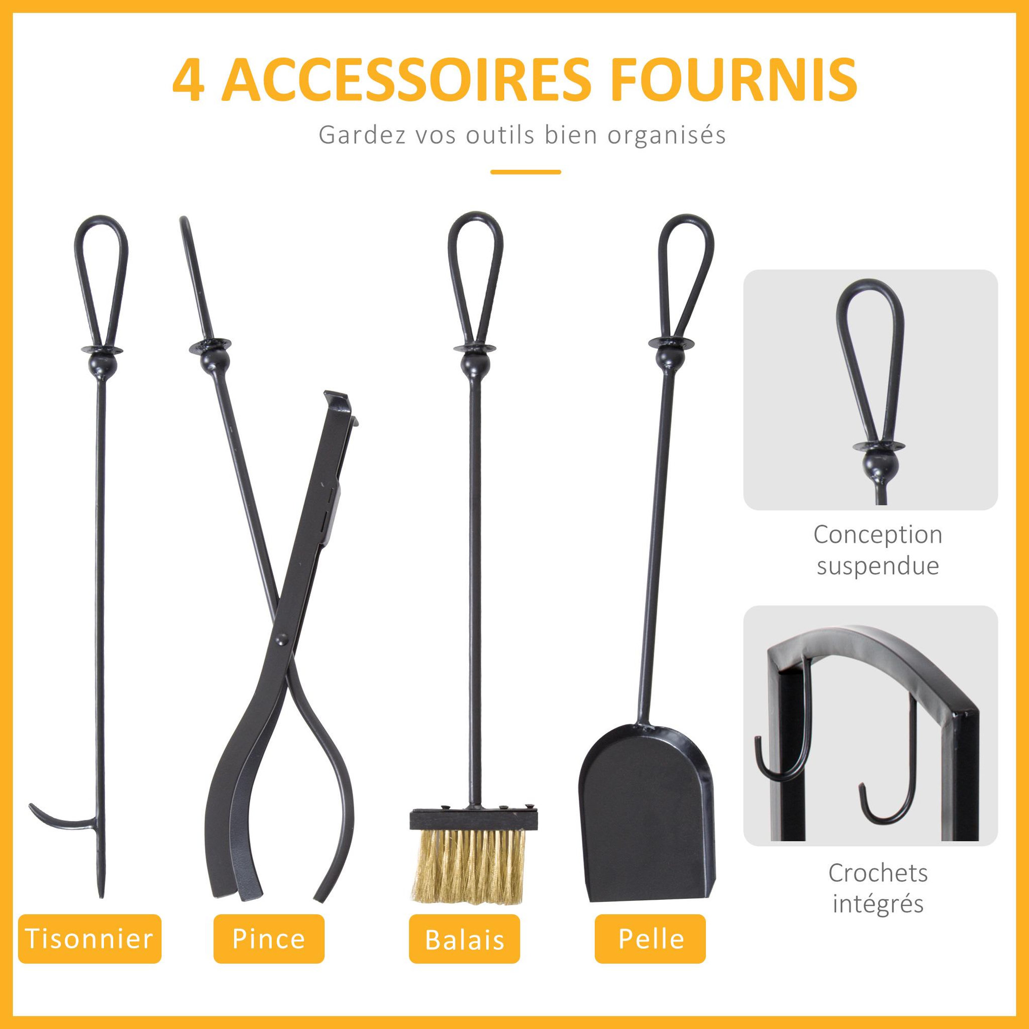 Voir la diapositive 5 : OUTSUNNY Serviteur de cheminée - porte bûches - range bûches multi accessoires 2 étagères 40L x 30l x 75H cm métal noir