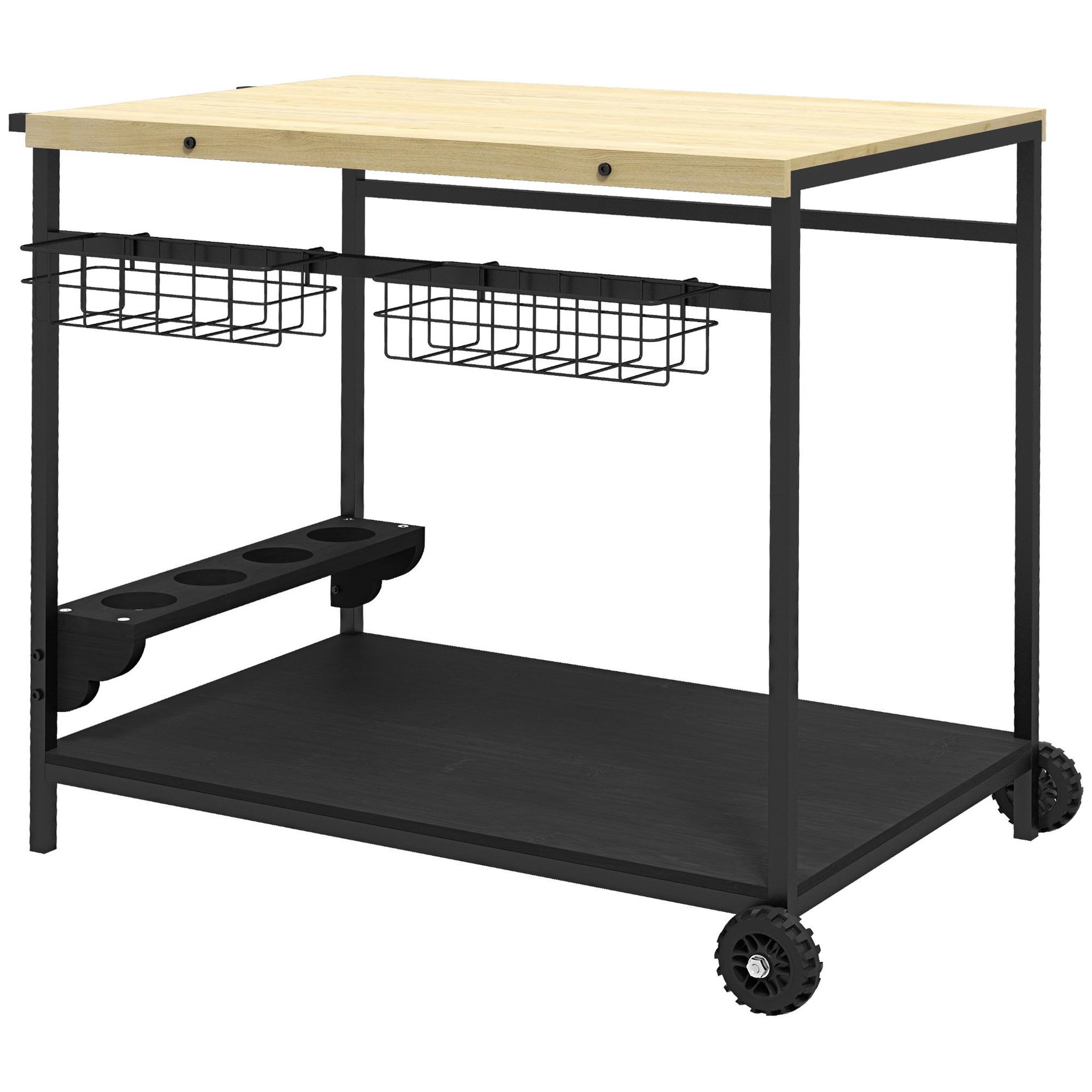 OUTSUNNY Desserte de jardin chariot pour plancha barbecue en bois et métal avec poignée 2 plateaux 2 paniers et porte-bouteilles