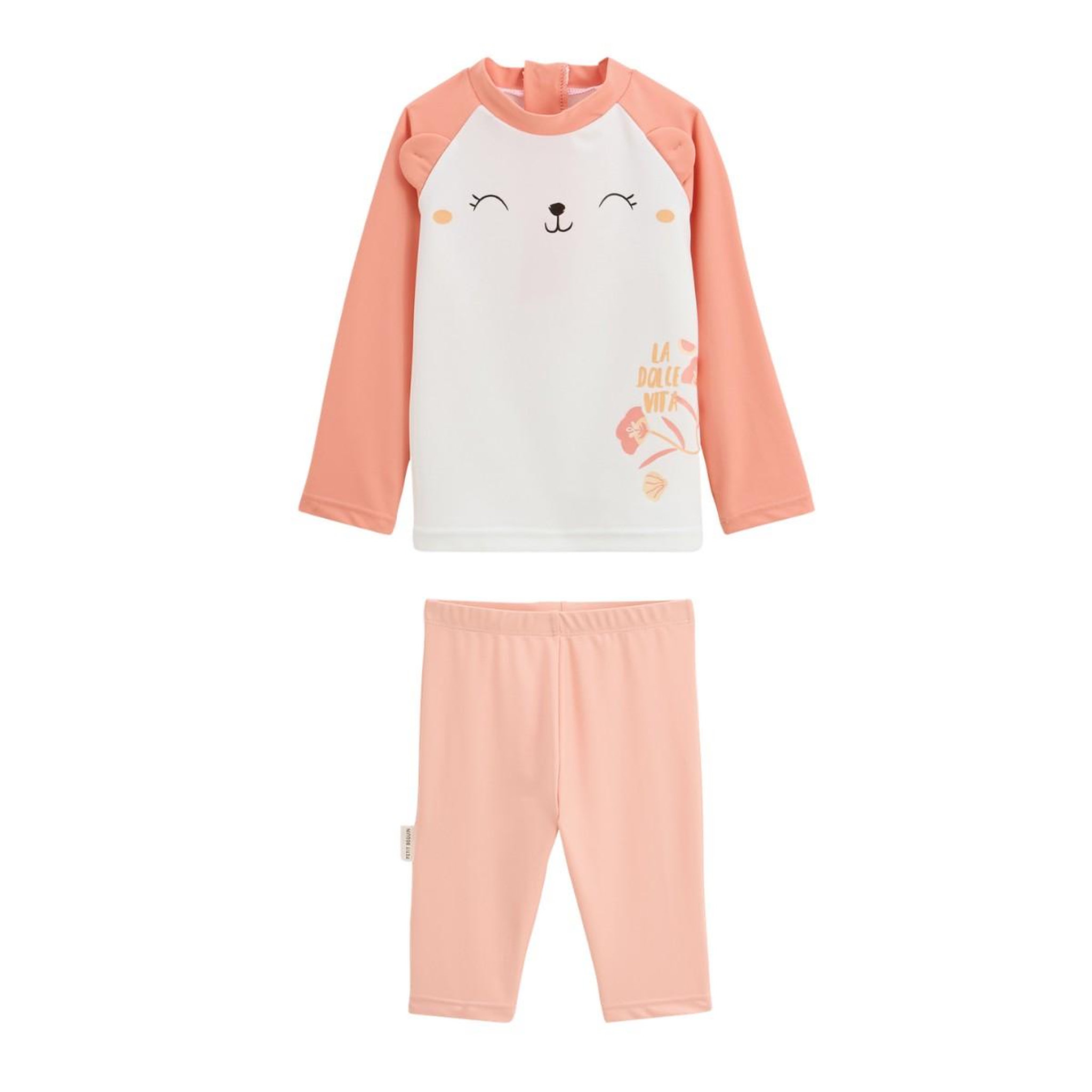 Petit Béguin Maillot de bain bébé 2 pièces t-shirt et pantalon de protection UV Calvi. Coloris disponibles : Rose