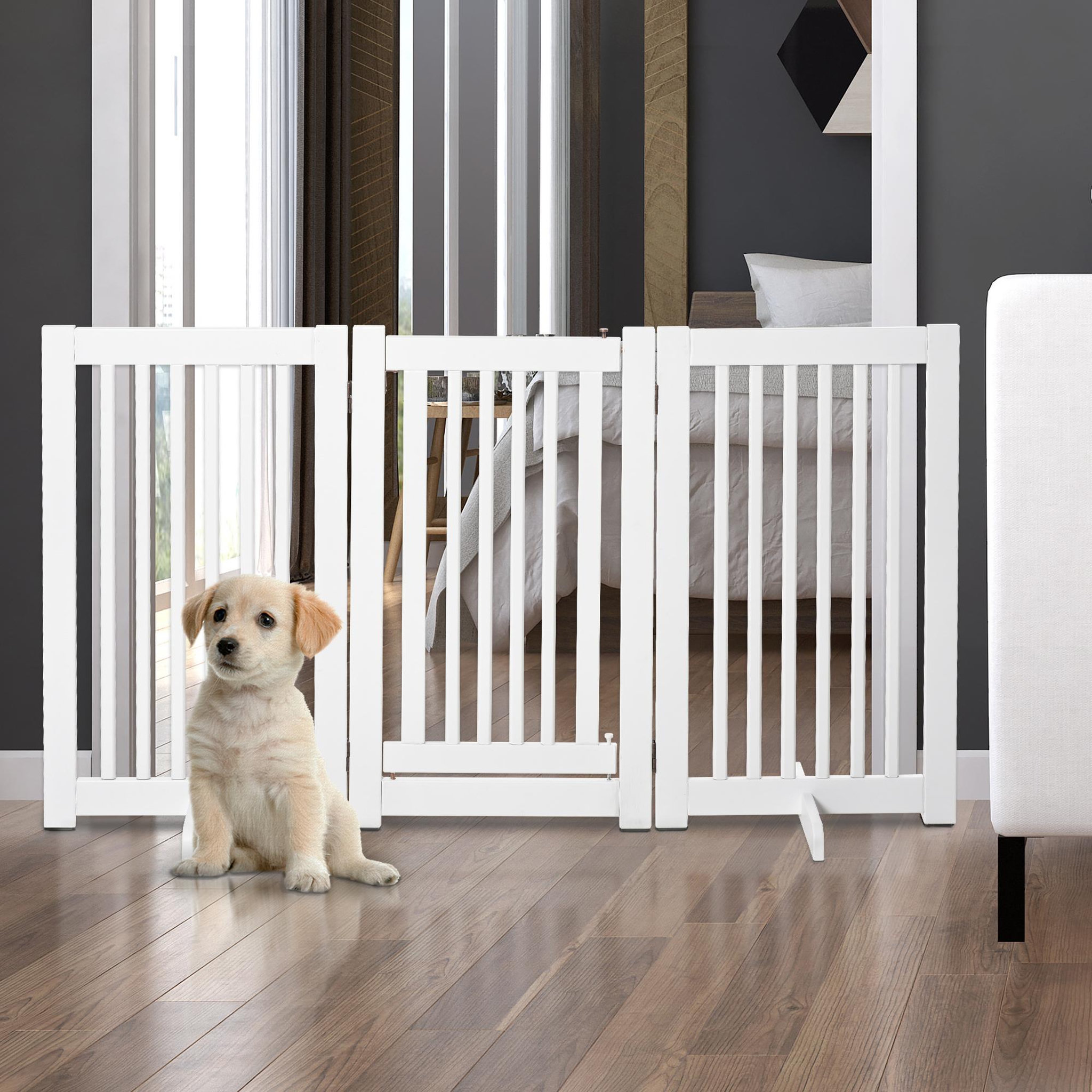 Voir la diapositive 2 : PAWHUT Barrière modulable pliable barrière de sécurité avec porte verrouillable intégrée dim. 155l x 35l x 76h cm mdf blanc