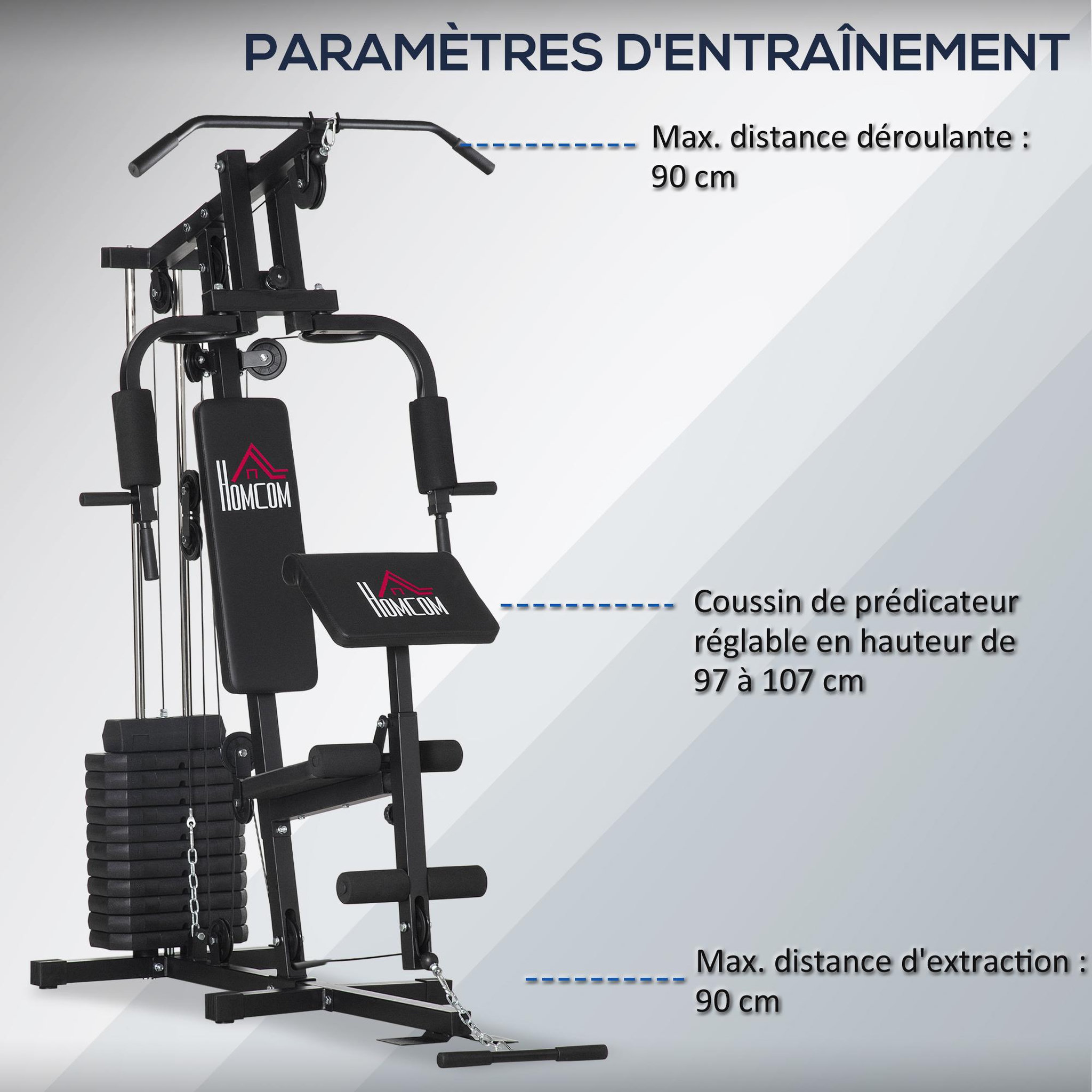 Voir la diapositive 6 : HOMCOM Station de musculation - entrainement complet - développé couché, butterfly, barre latissimus, curler, bande résistance - 11 contrepoids - acier noir