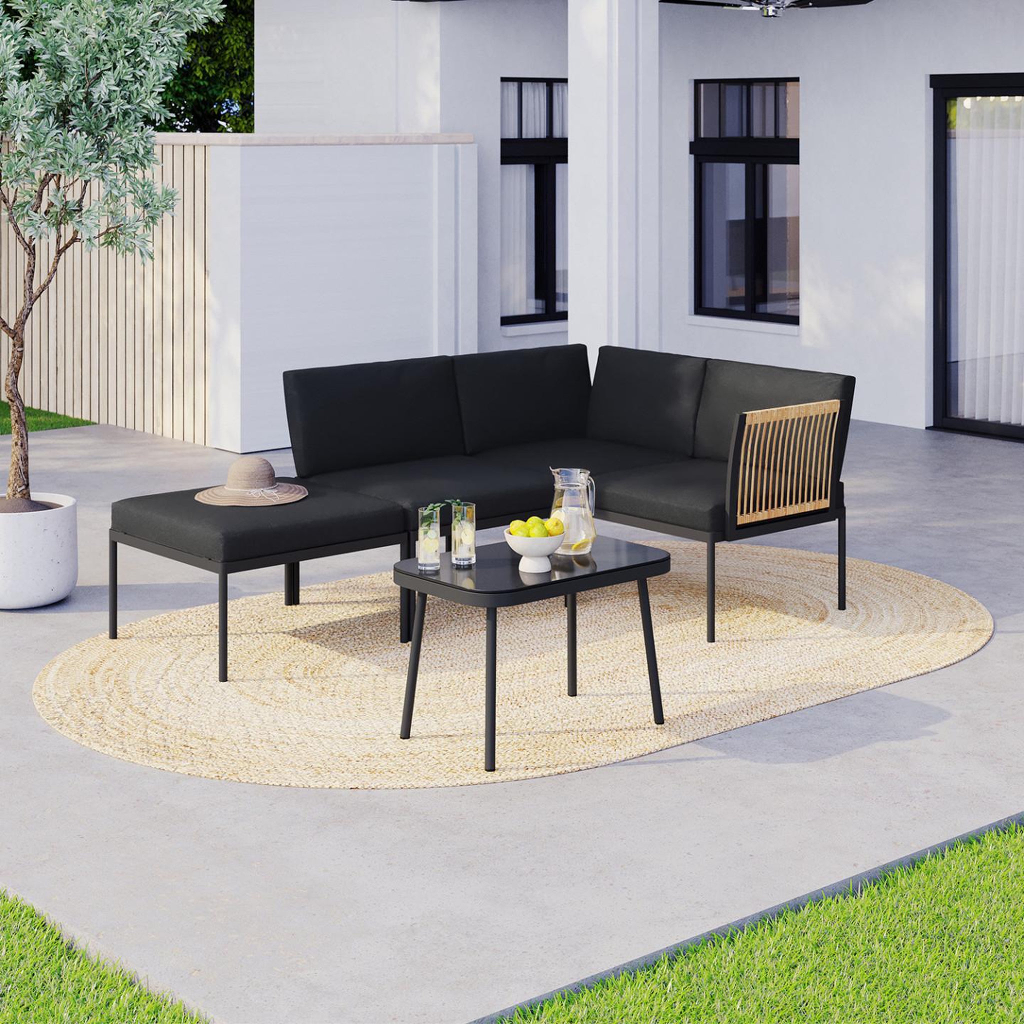 Voir la diapositive 2 : ID MARKET Salon de jardin bas rio 4 places modulable structure métal noir, cordage effet rotin clair avec coussins noirs