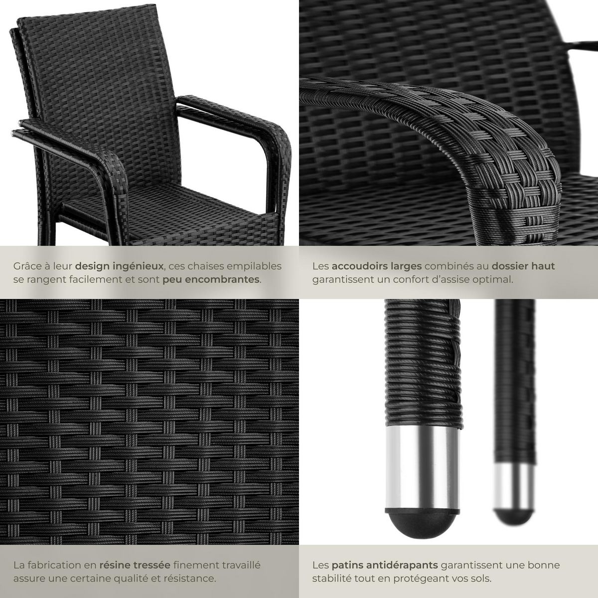 tectake Chaise en résine tressée résistante et durable noir 4 pièces