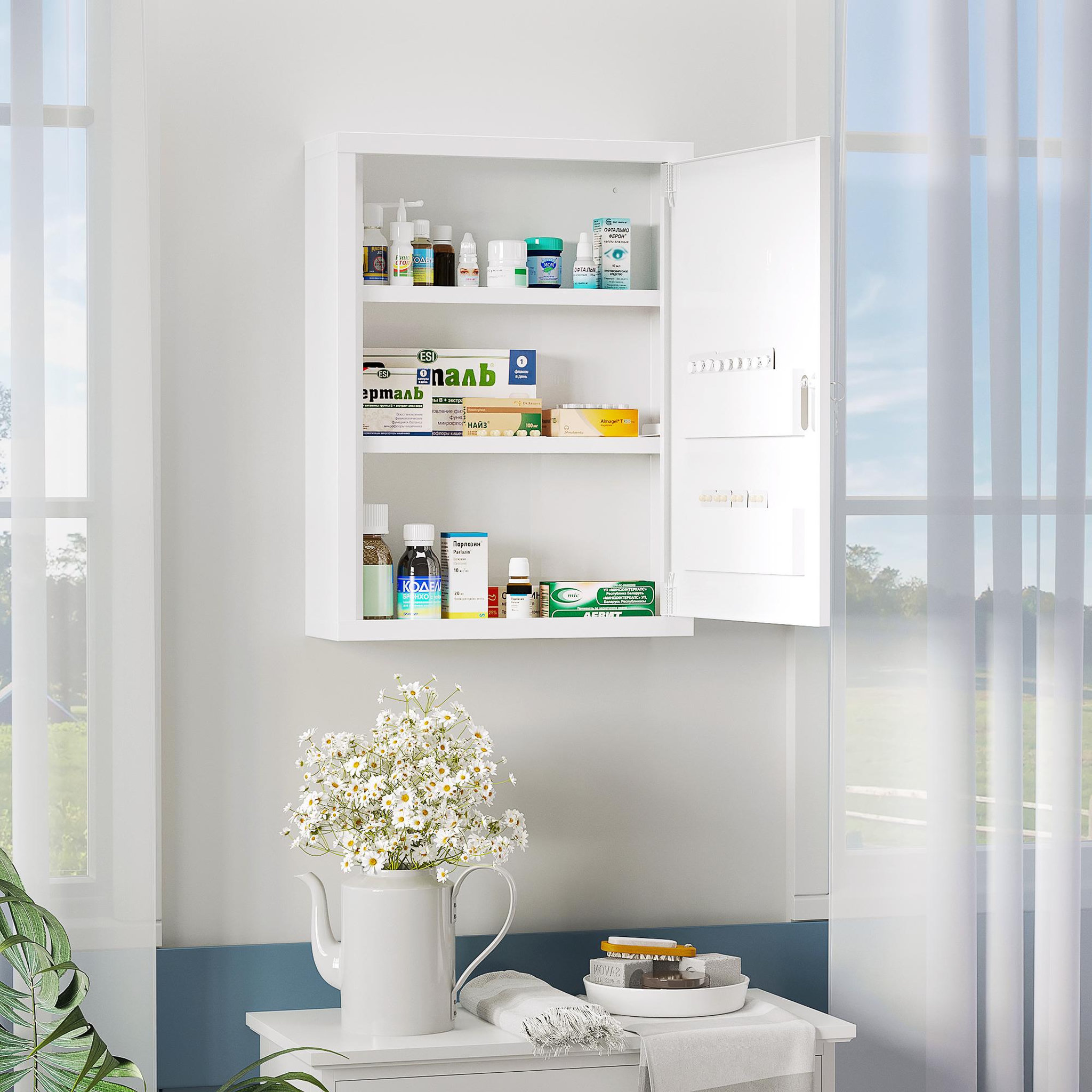 Voir la diapositive 2 : KLEANKIN Armoire à pharmacie 2 étagères 3 niv. Verrouillables dim. 40l x 15l x 53h cm 2 clés logo croix acier blanc