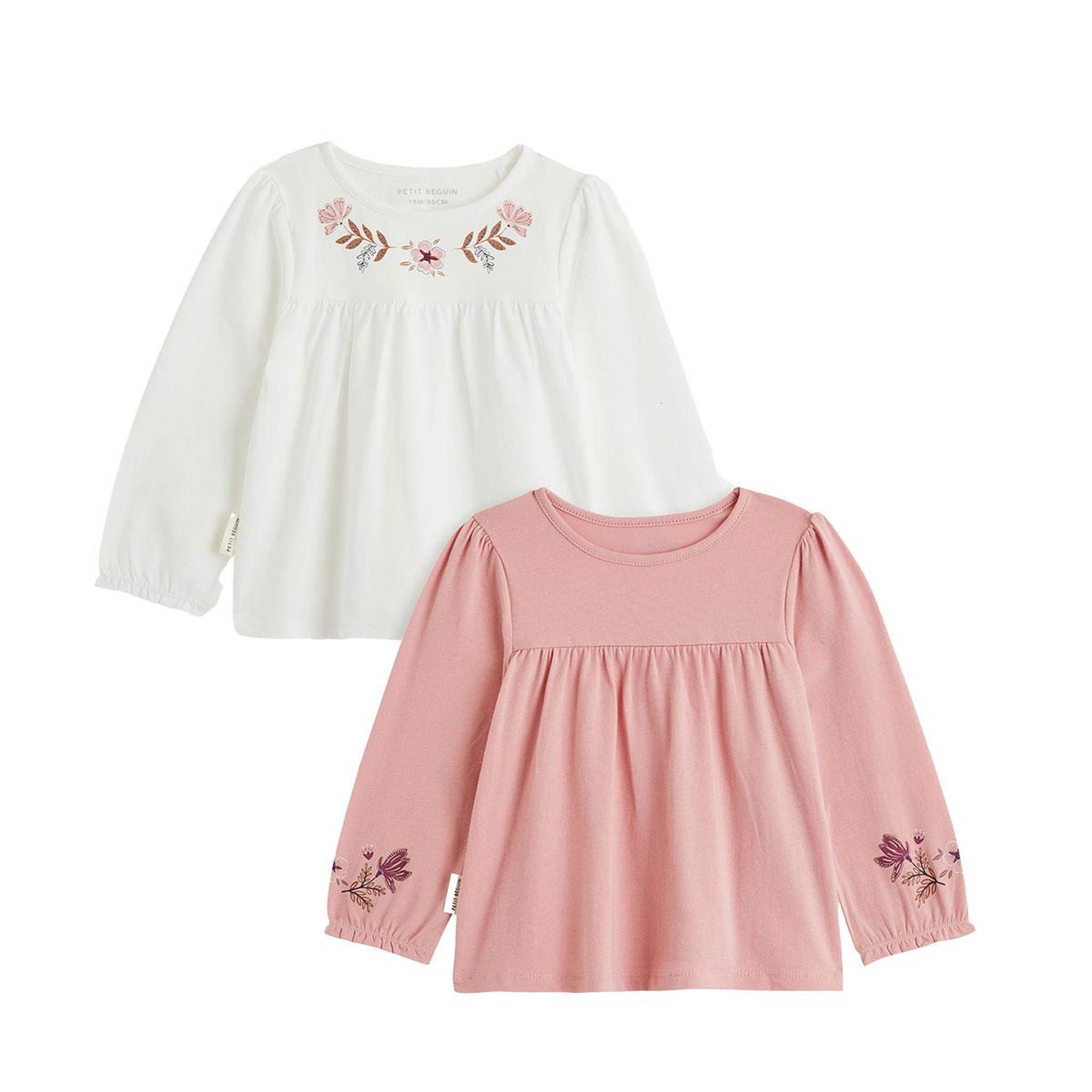 PETIT BEGUIN Lot de 2 t-shirts enfant manches longues Cléo. Coloris disponibles : Rose