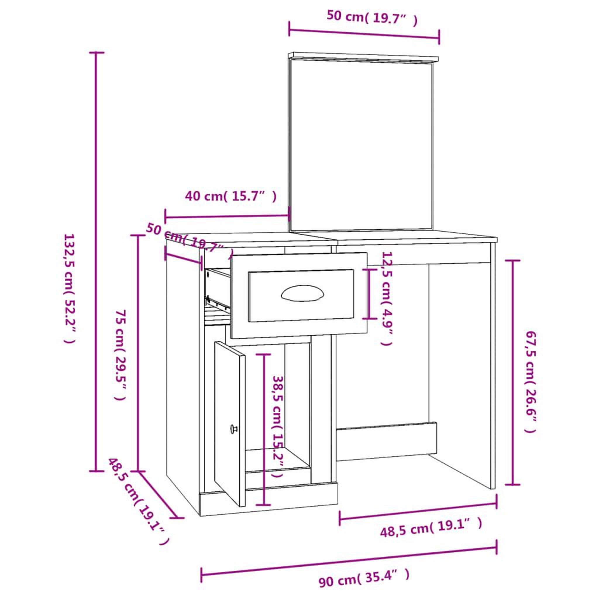 Voir la diapositive 6 : VIDAXL Coiffeuse avec miroir blanc 90x50x132,5 cm bois d'ingenierie