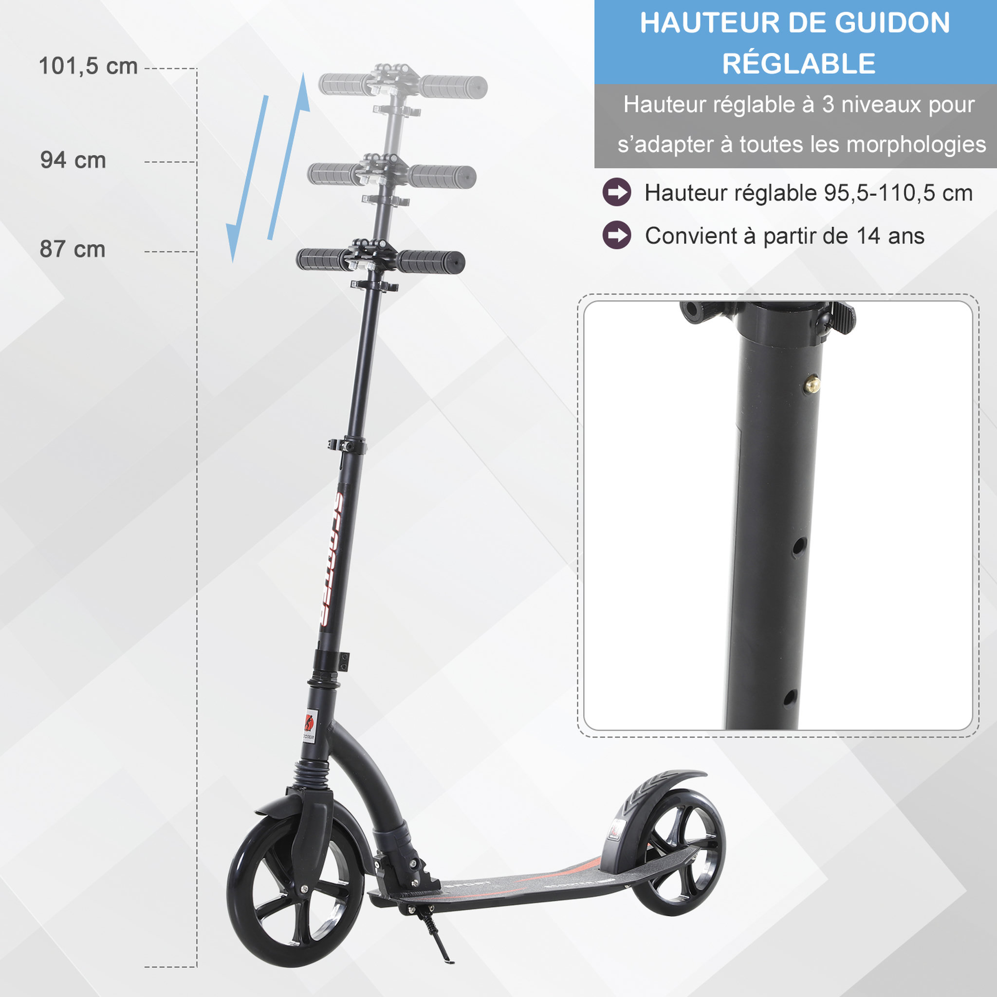 Voir la diapositive 6 : HOMCOM Trottinette pliable pour adulte enfant à partir 14 ans 92,5 x 37,5 x 87-101,5 cm hauteur guidon réglable alu noir