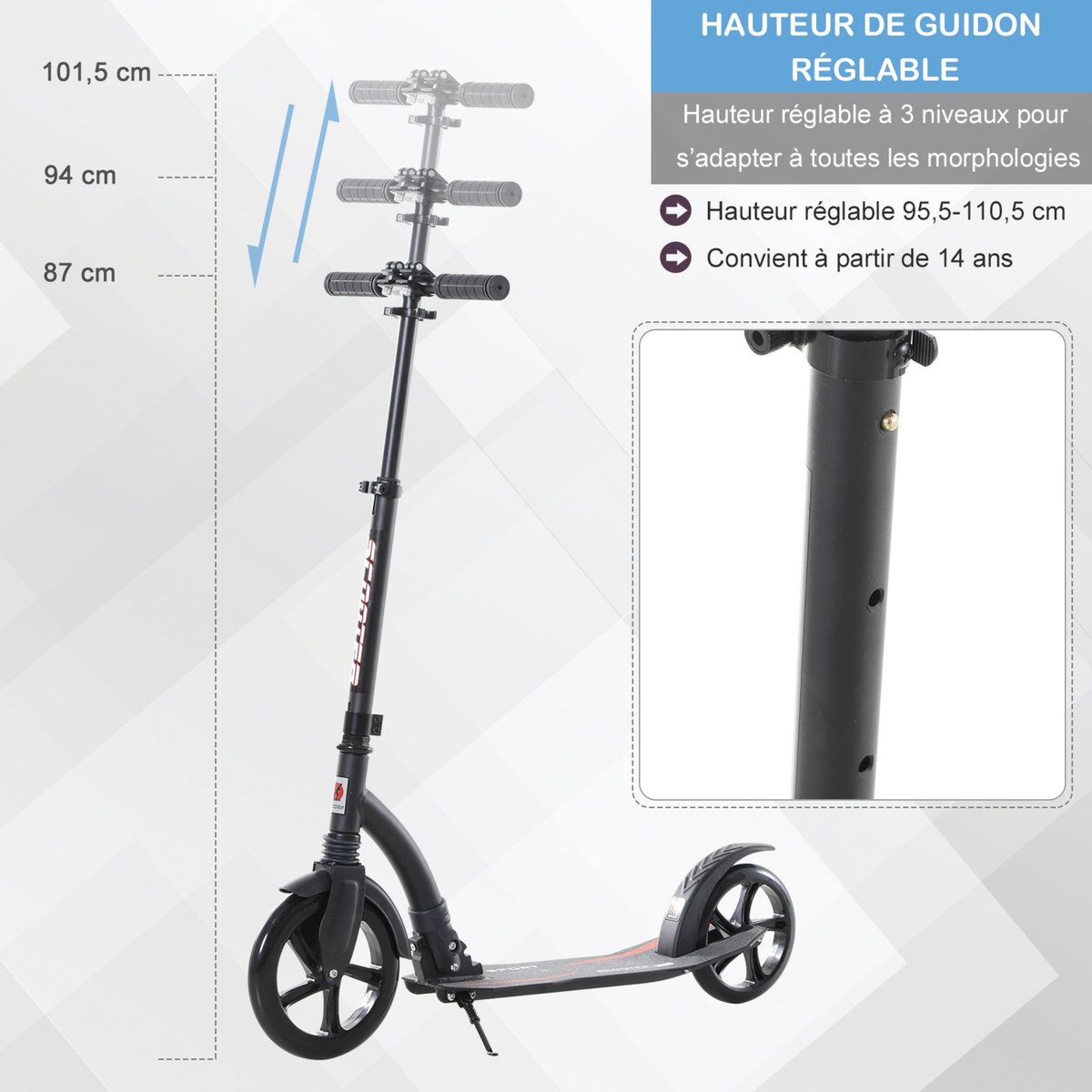 HOMCOM Trottinette pliable pour adulte enfant à partir 14 ans 92,5 x 37,5 x 87-101,5 cm hauteur guidon réglable alu noir