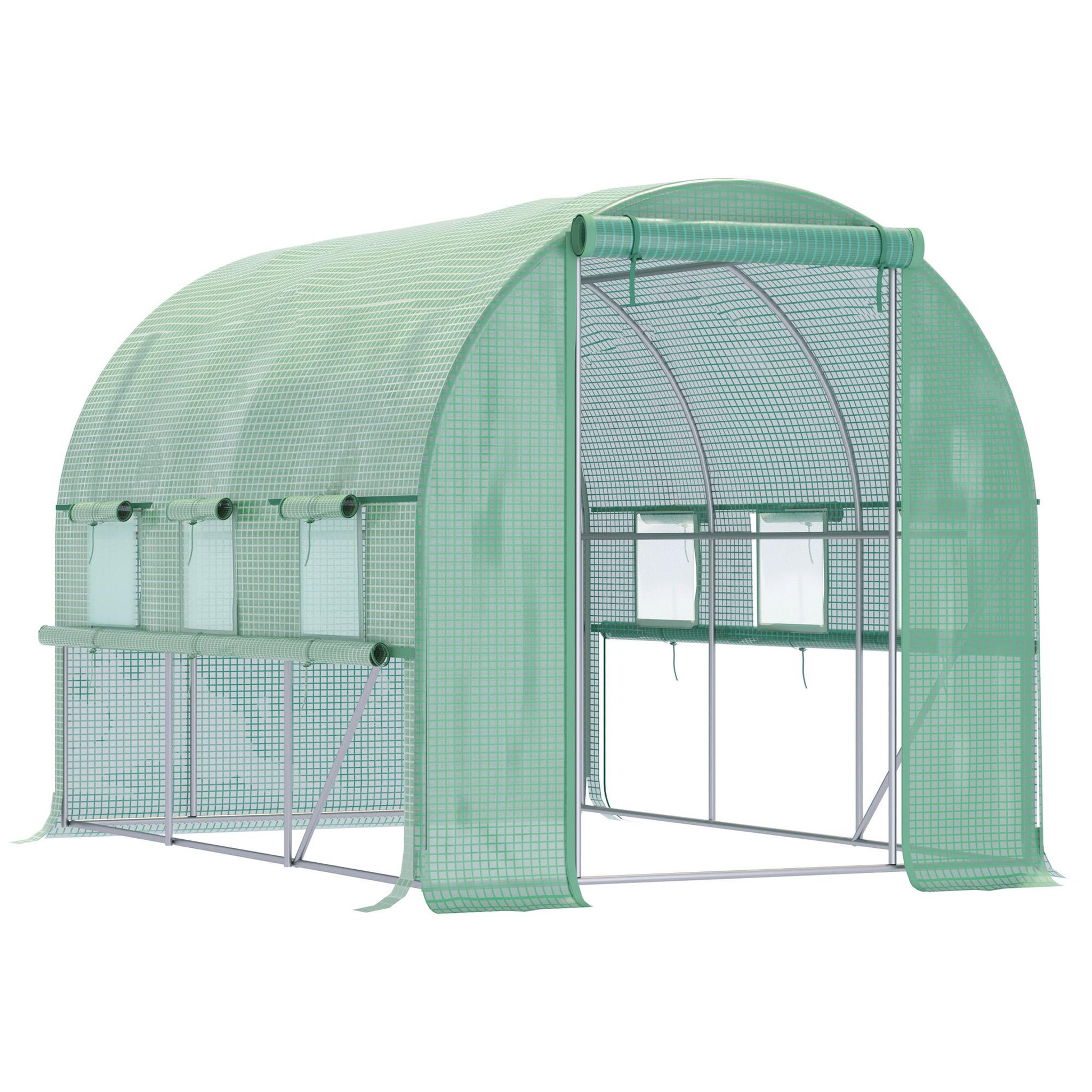 OUTSUNNY Serre de jardin tunnel 6 m² 6 fenêtres porte zippée acier galvanisé pe vert